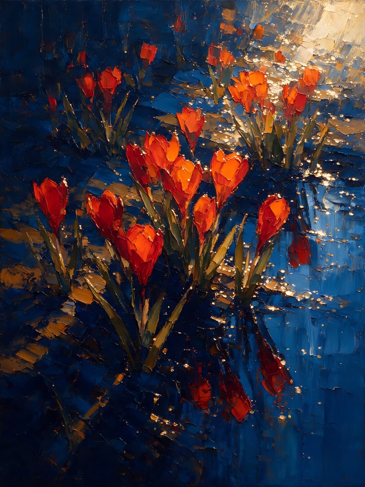 Oranjerode bloemen op diepblauwe achtergrond
