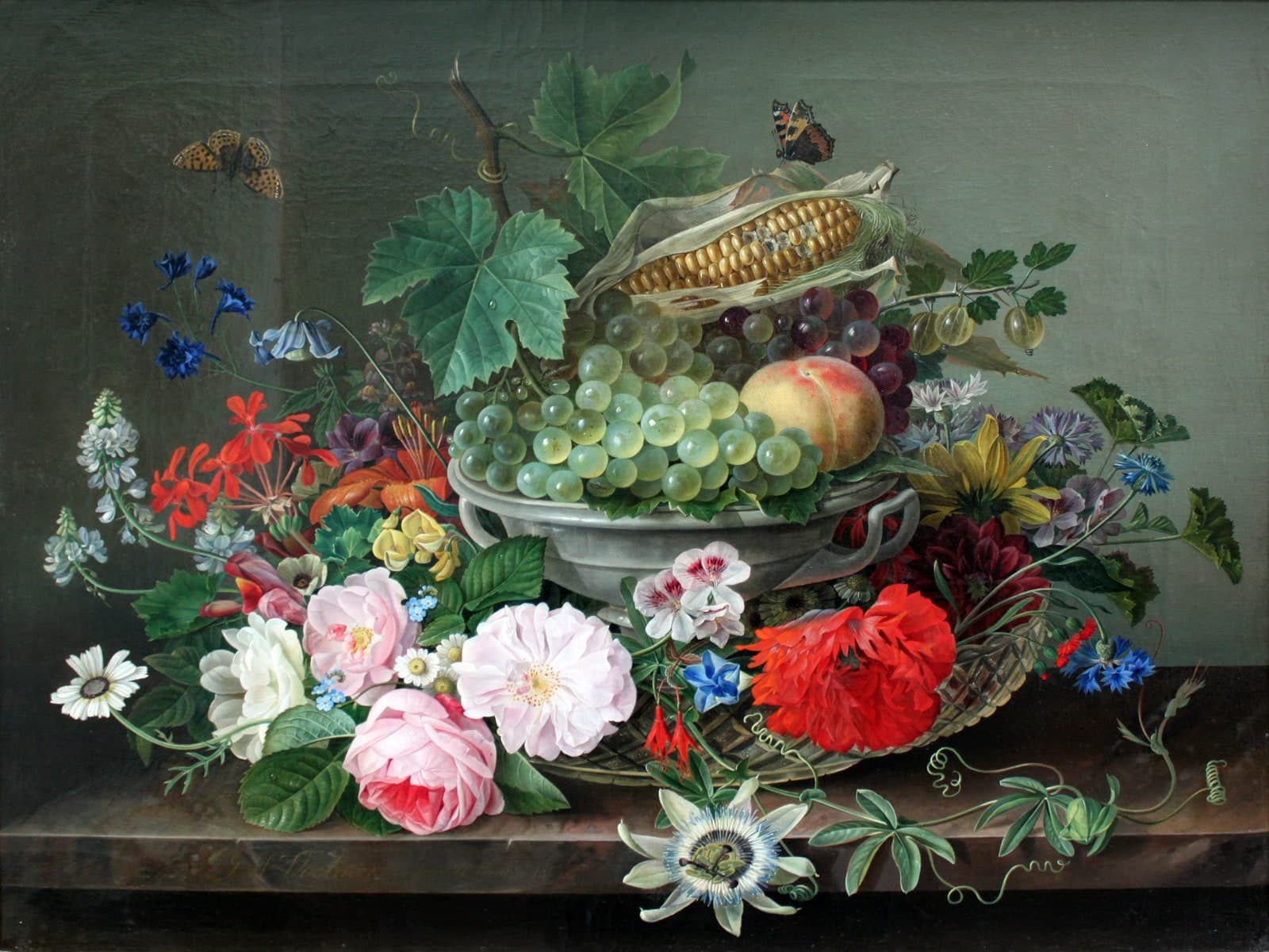Stilleven met rozen en een schaal druiven