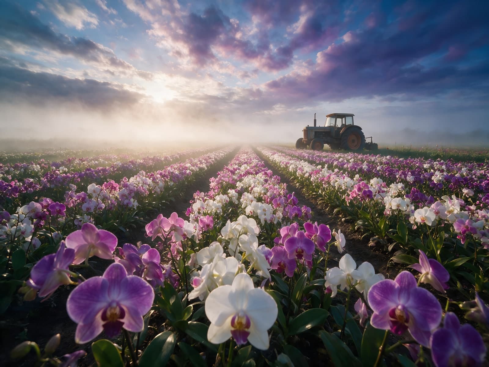 Orchideeënveld met tractor in ochtendmist
