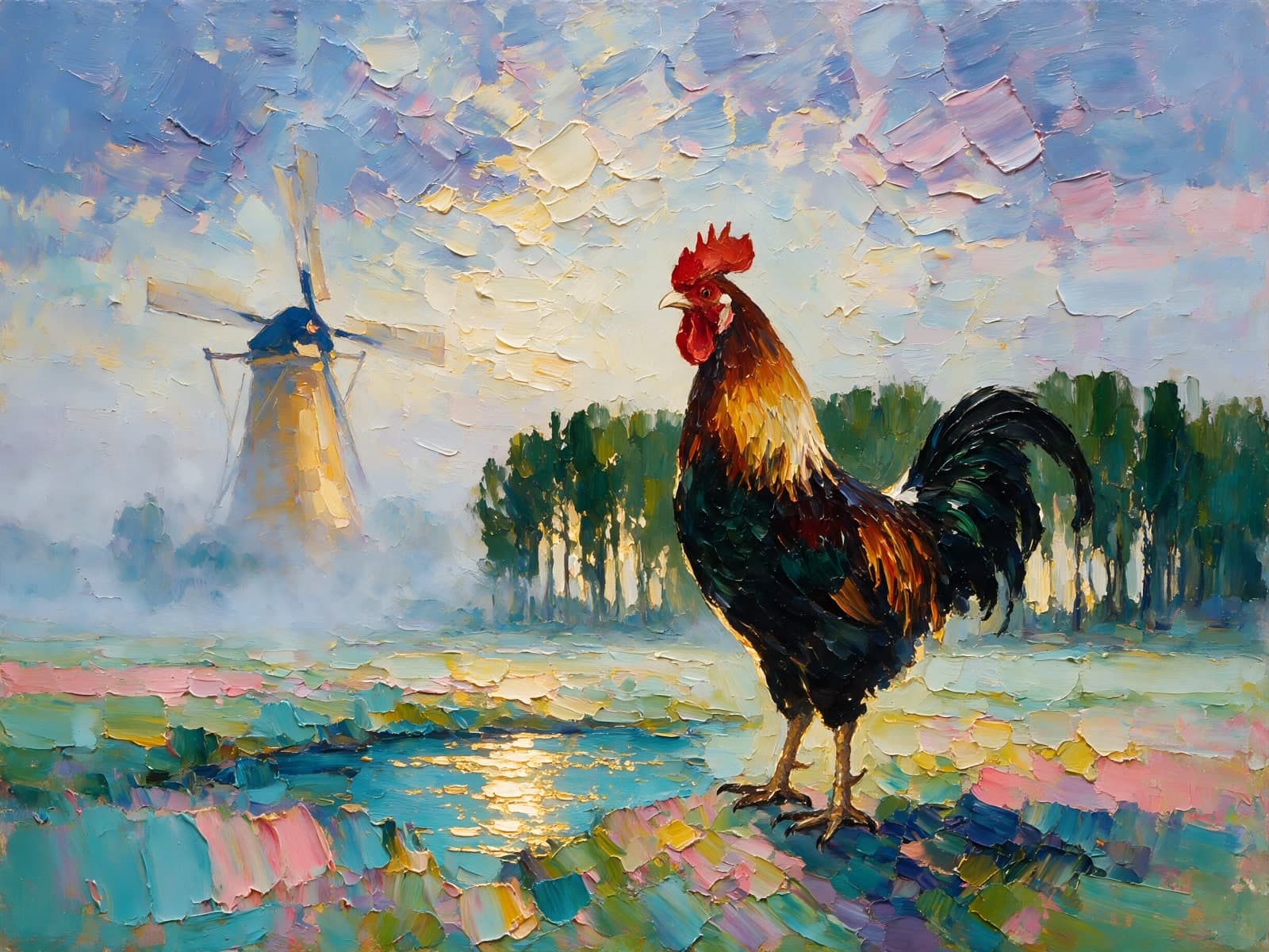 Haan bij een molen in ochtendnevel