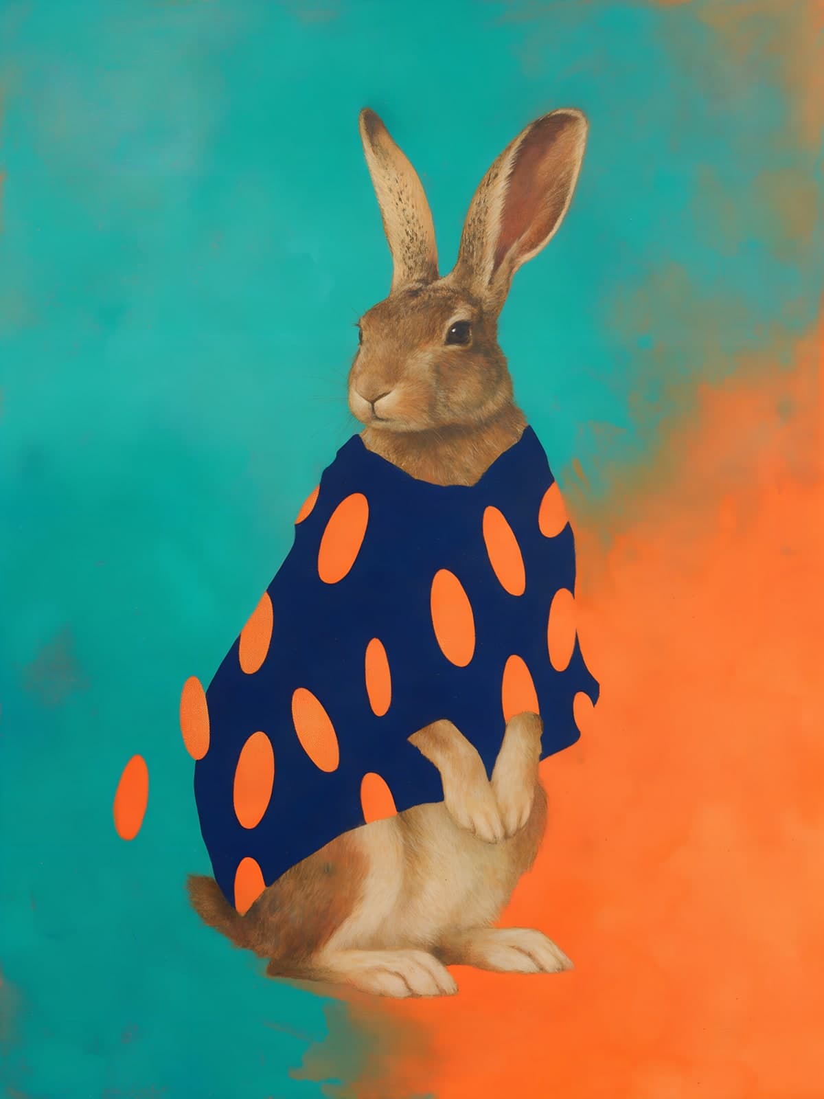 Konijn in blauwe trui met oranje stippen