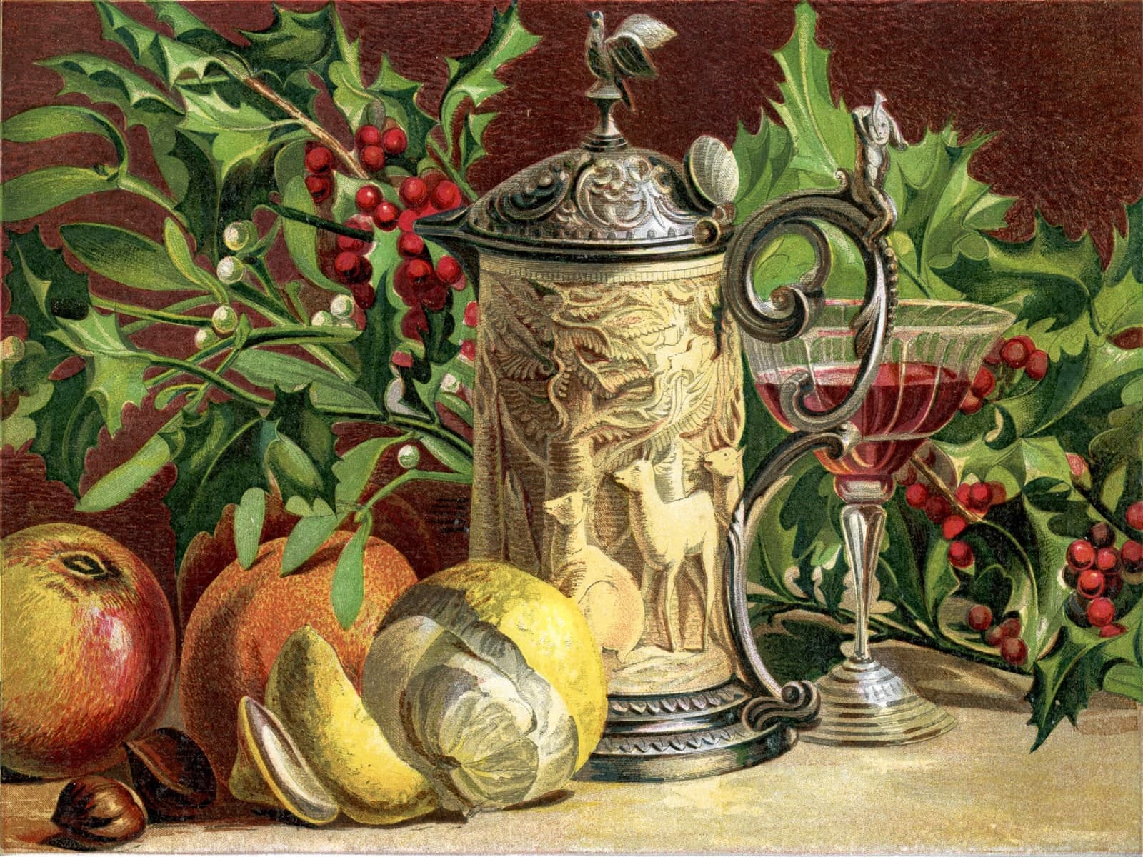 Stilleven met kruik, wijnglas en hulst