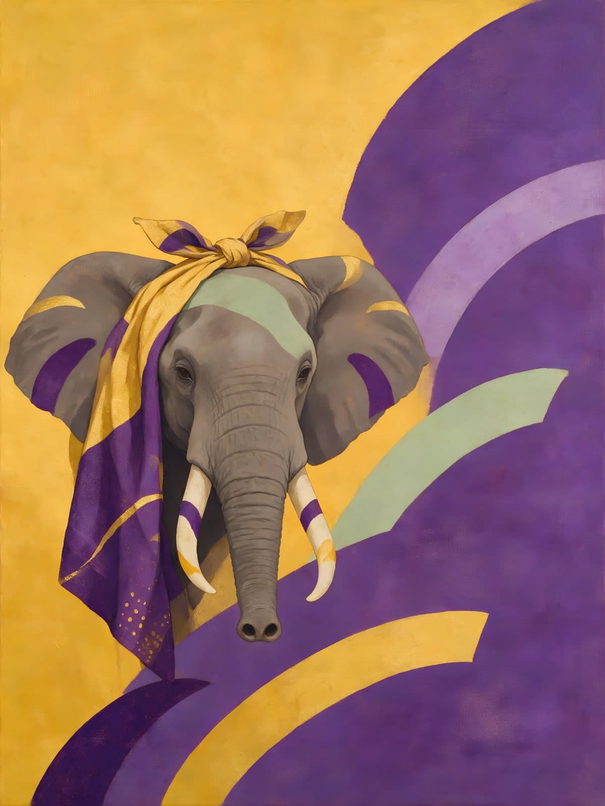 Olifant met sjaal op paars en geel