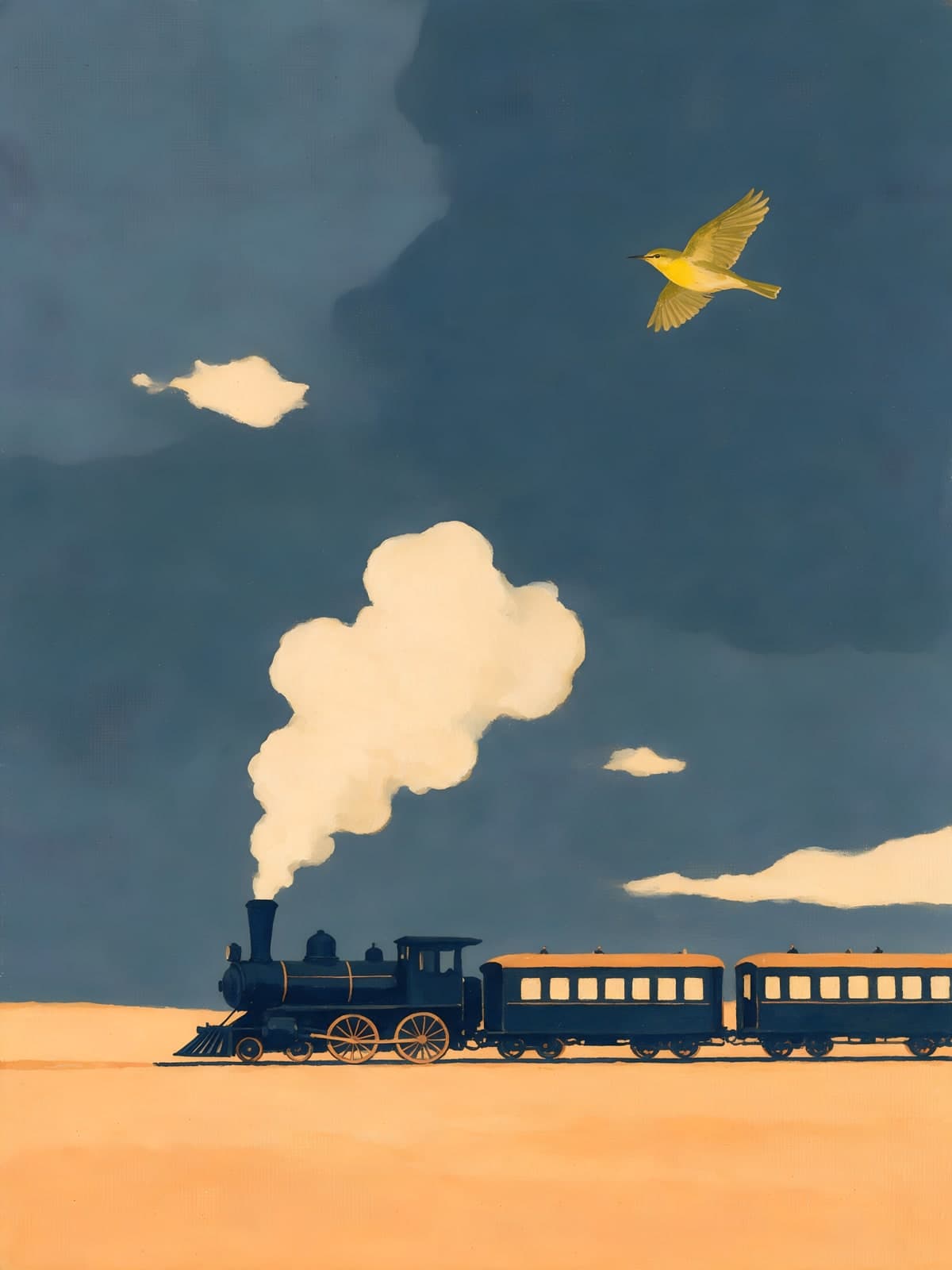 Stoomtrein en gele vogel onder donkerblauwe lucht