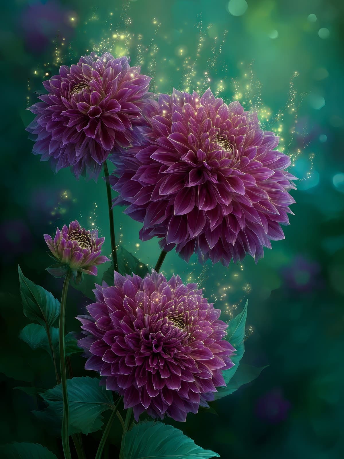 Paarse dahlia's in een groene gloed