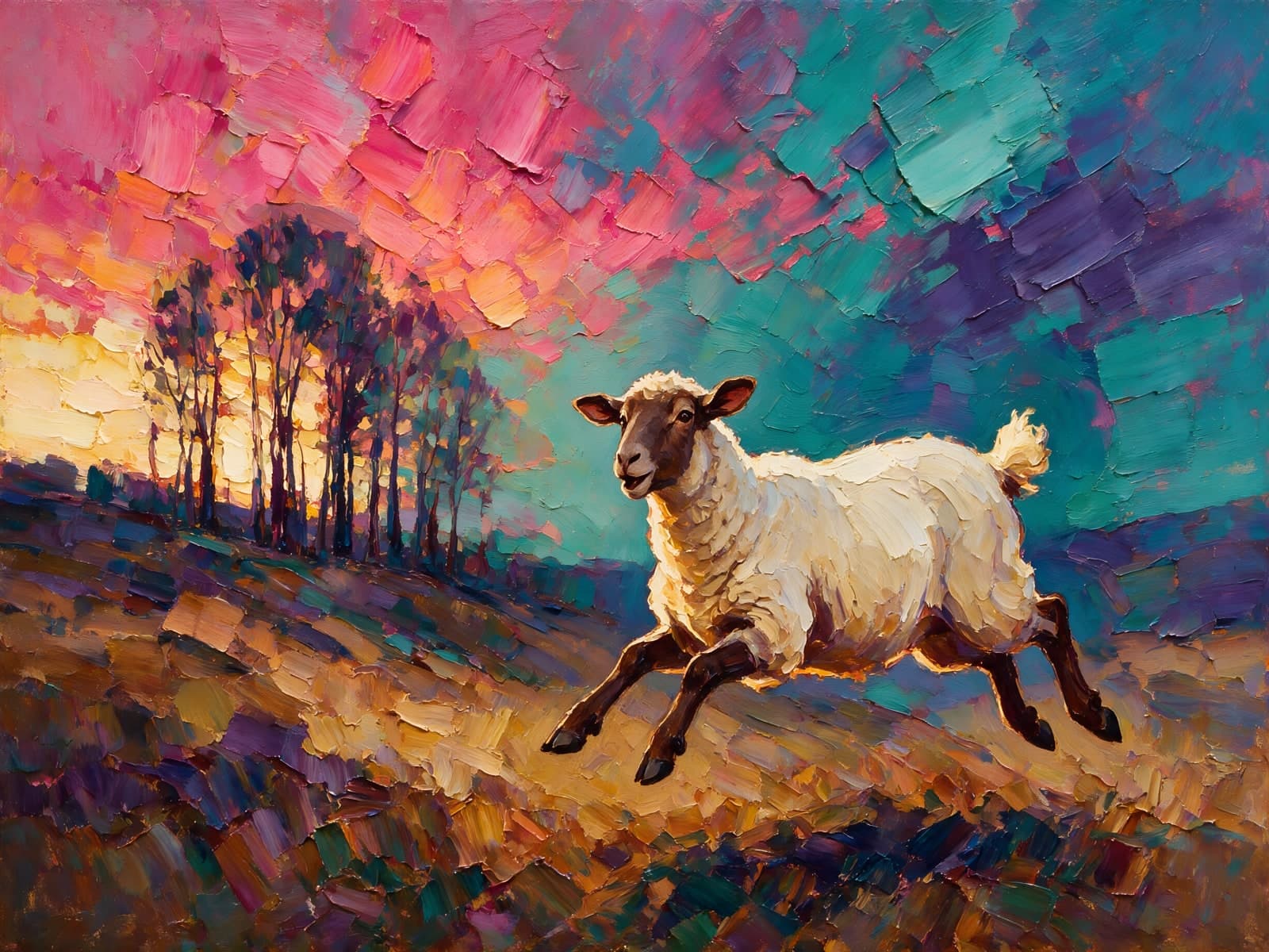 Rennend schaap onder roze turquoise lucht
