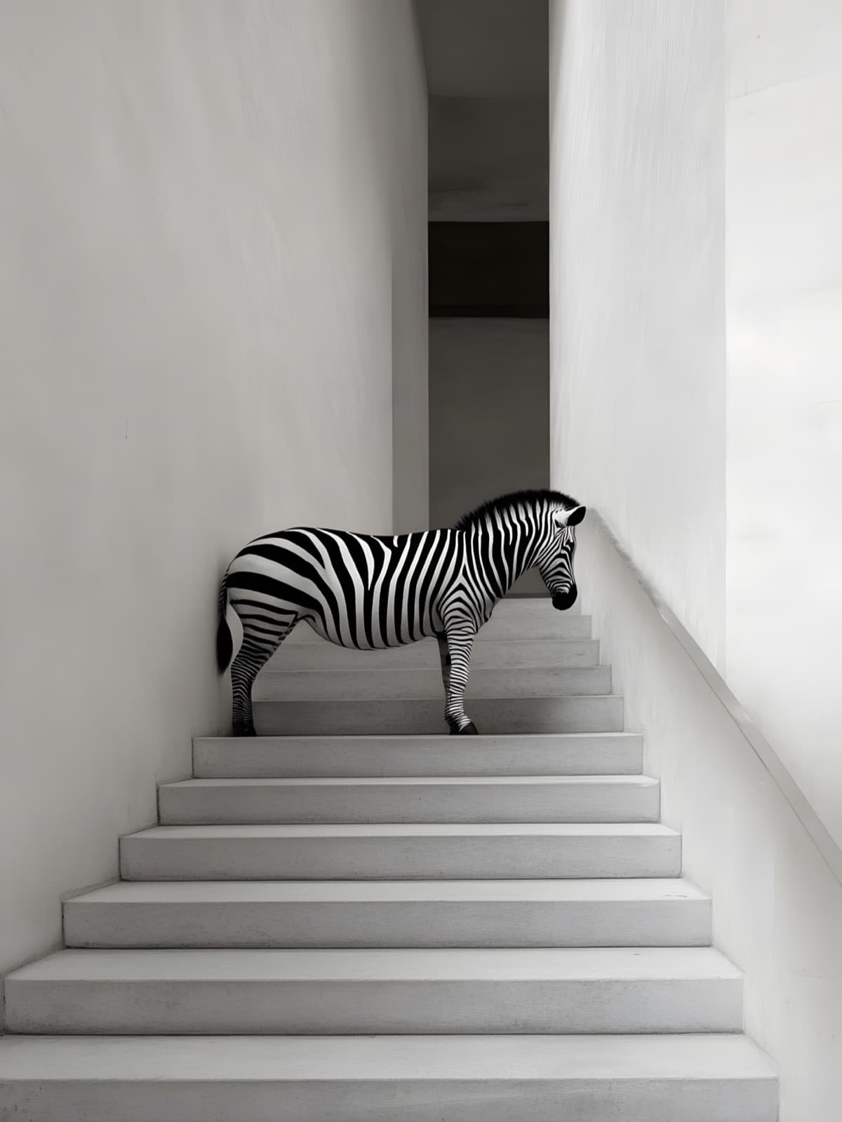 Zebra halverwege een witte trap