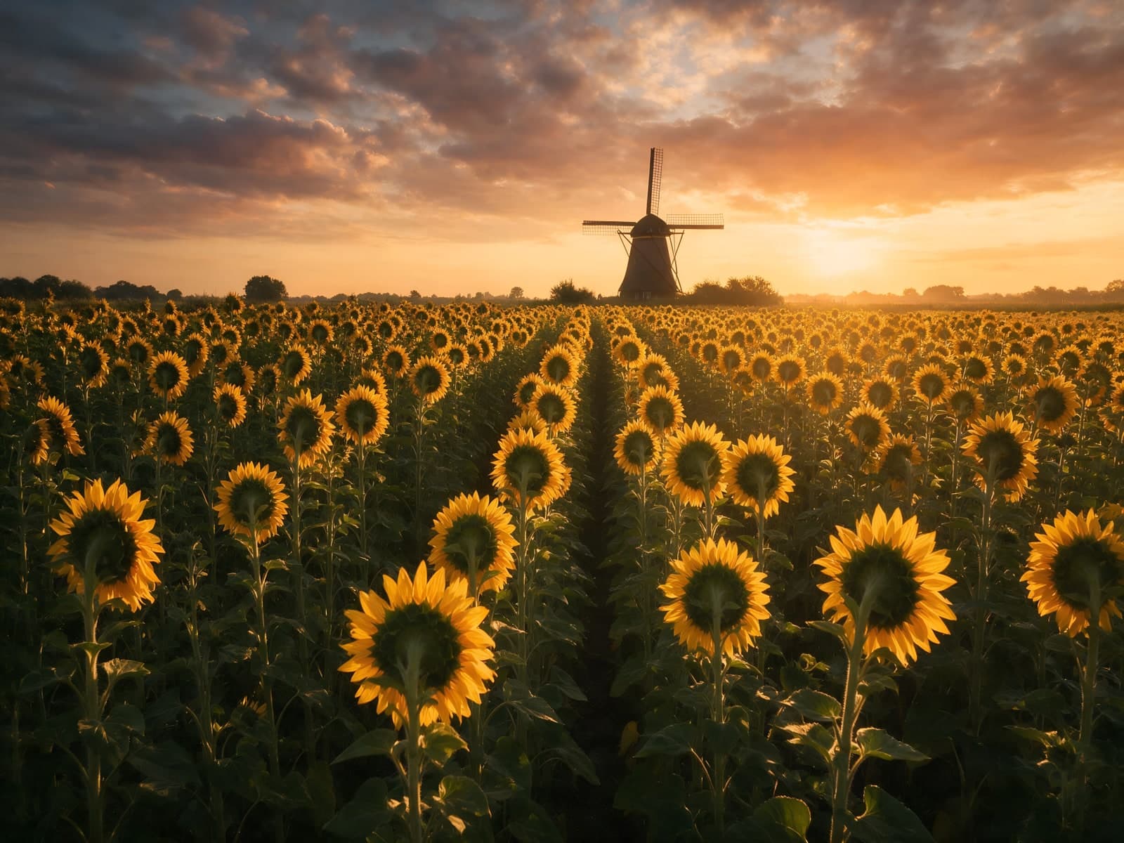 Zonnebloemenveld met molen bij zonsondergang