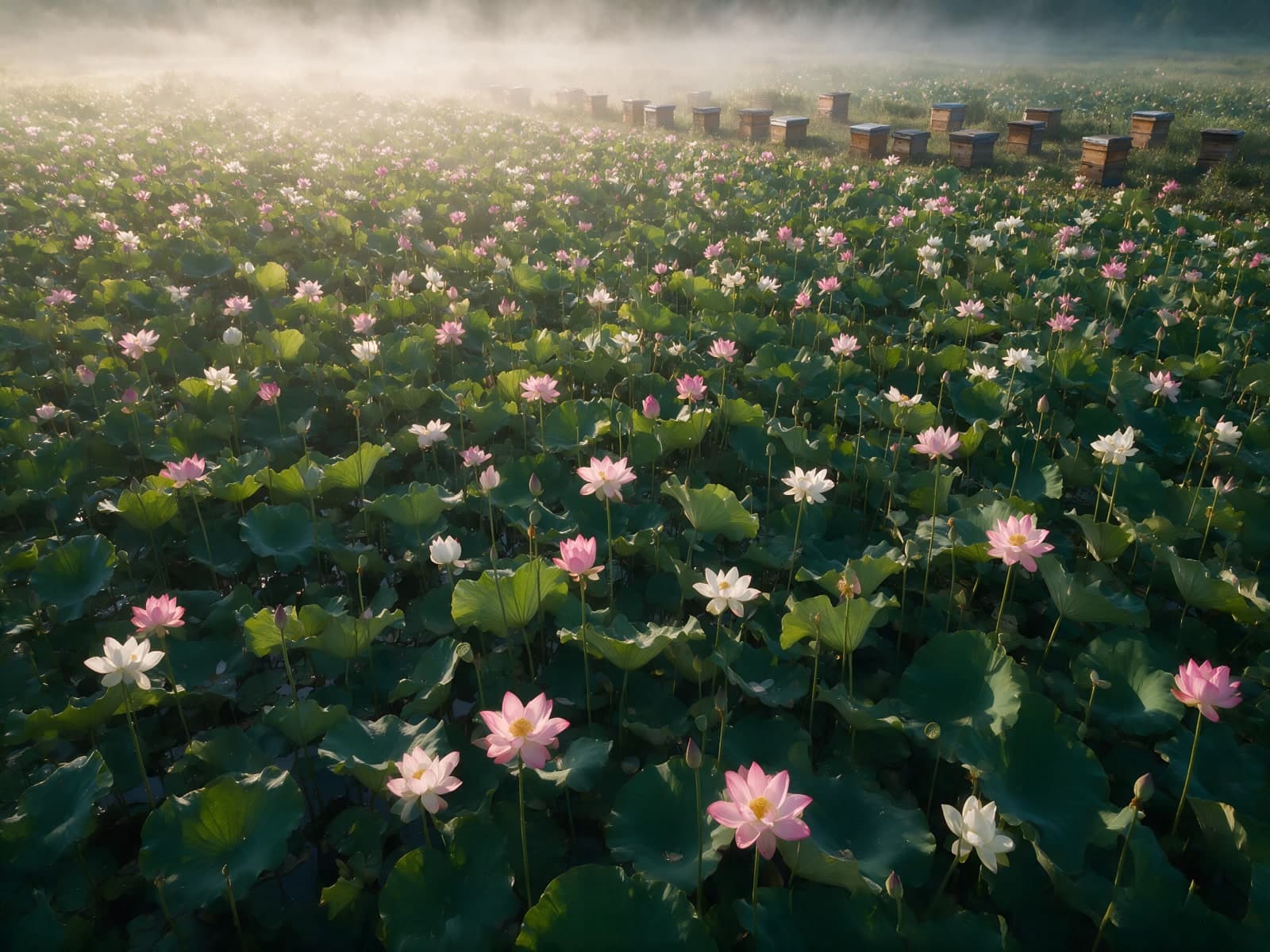 Lotusveld in de ochtendmist
