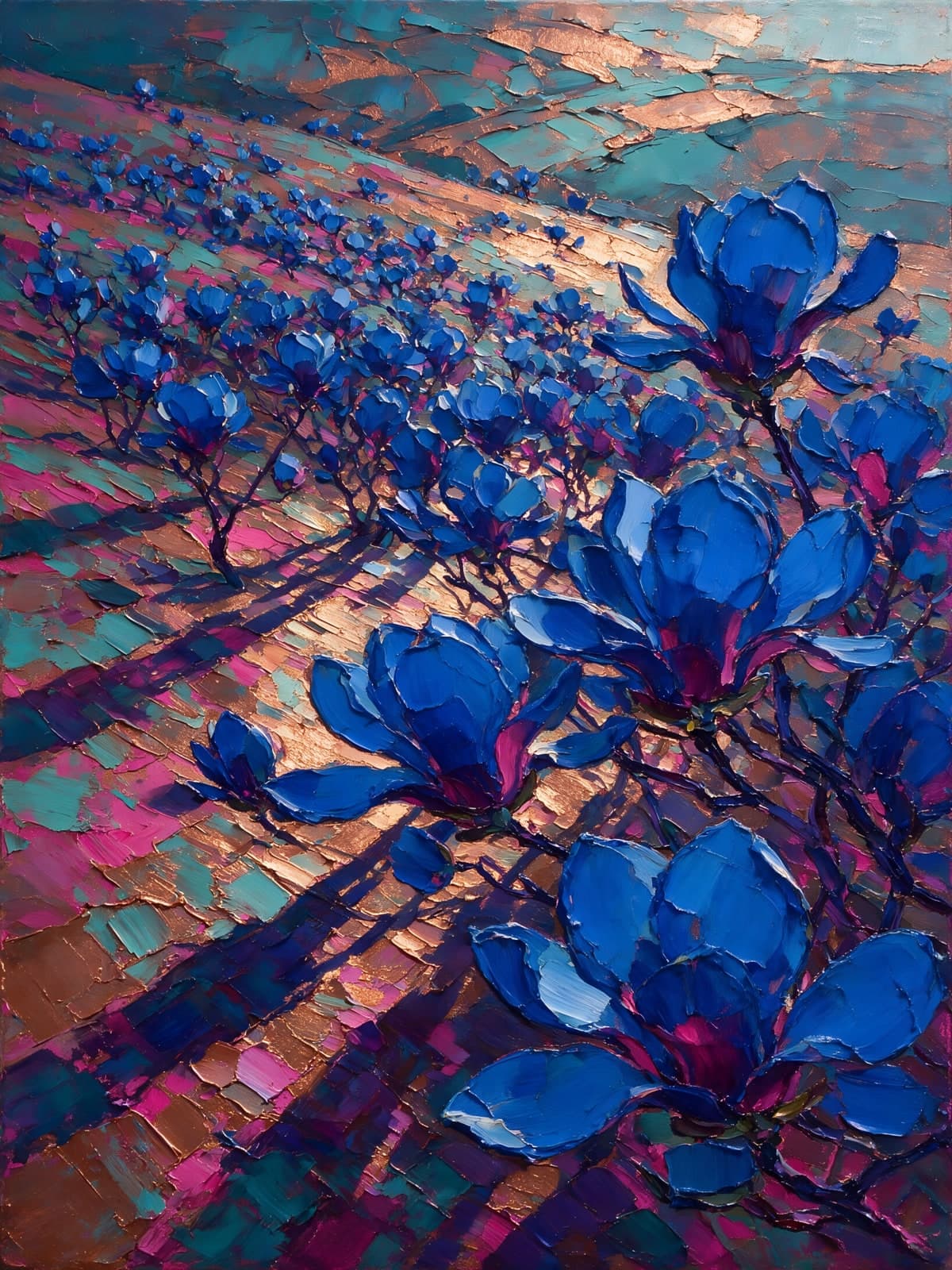 Blauwe bloemen met lange schaduwen