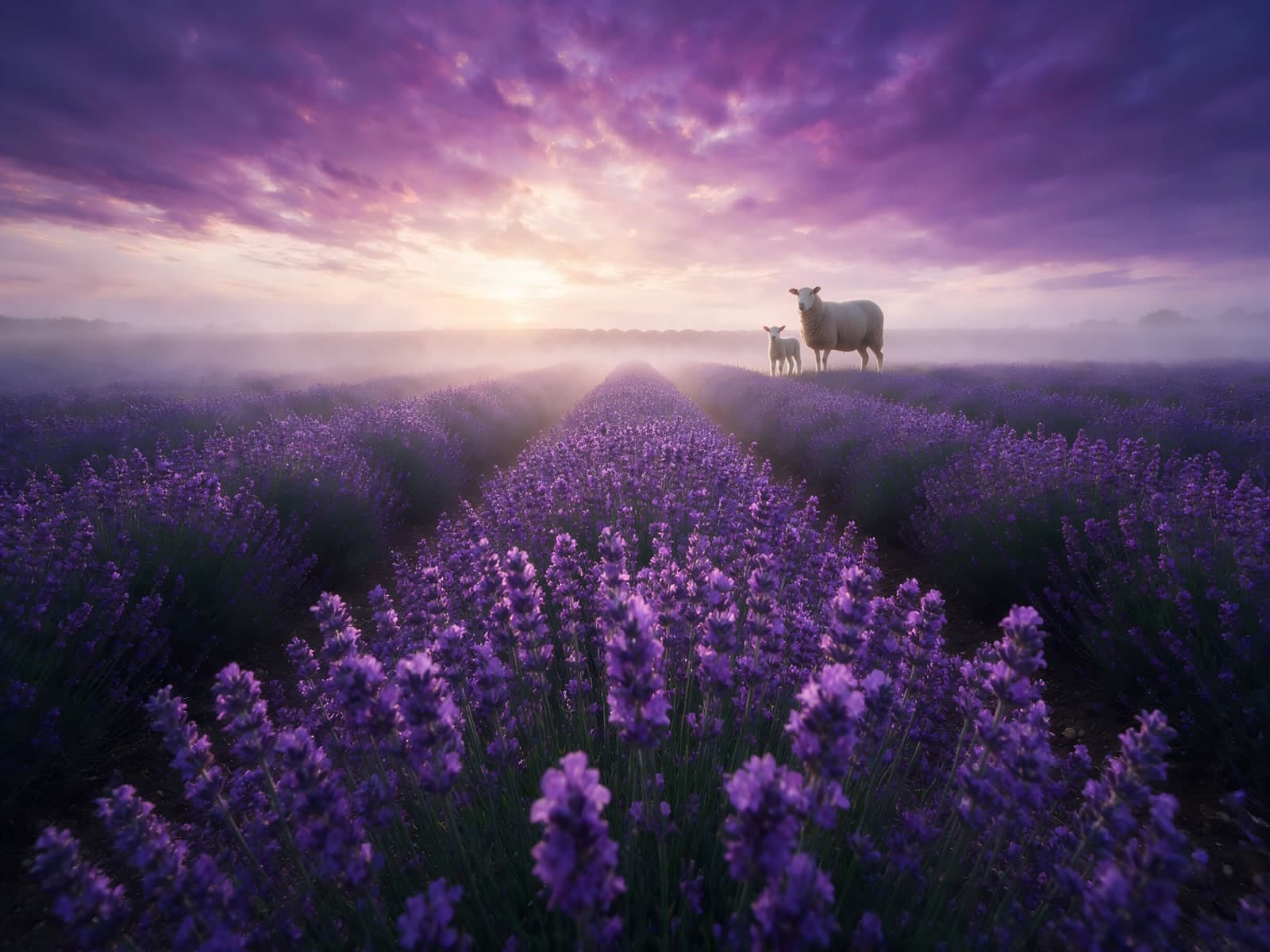 Schapen in een lavendelveld bij zonsopgang