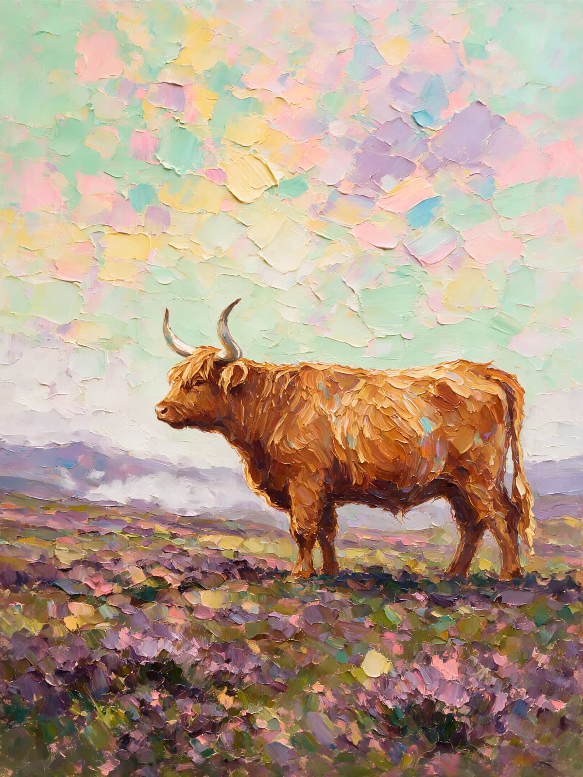 Hooglander onder een lucht van pastelvlekjes