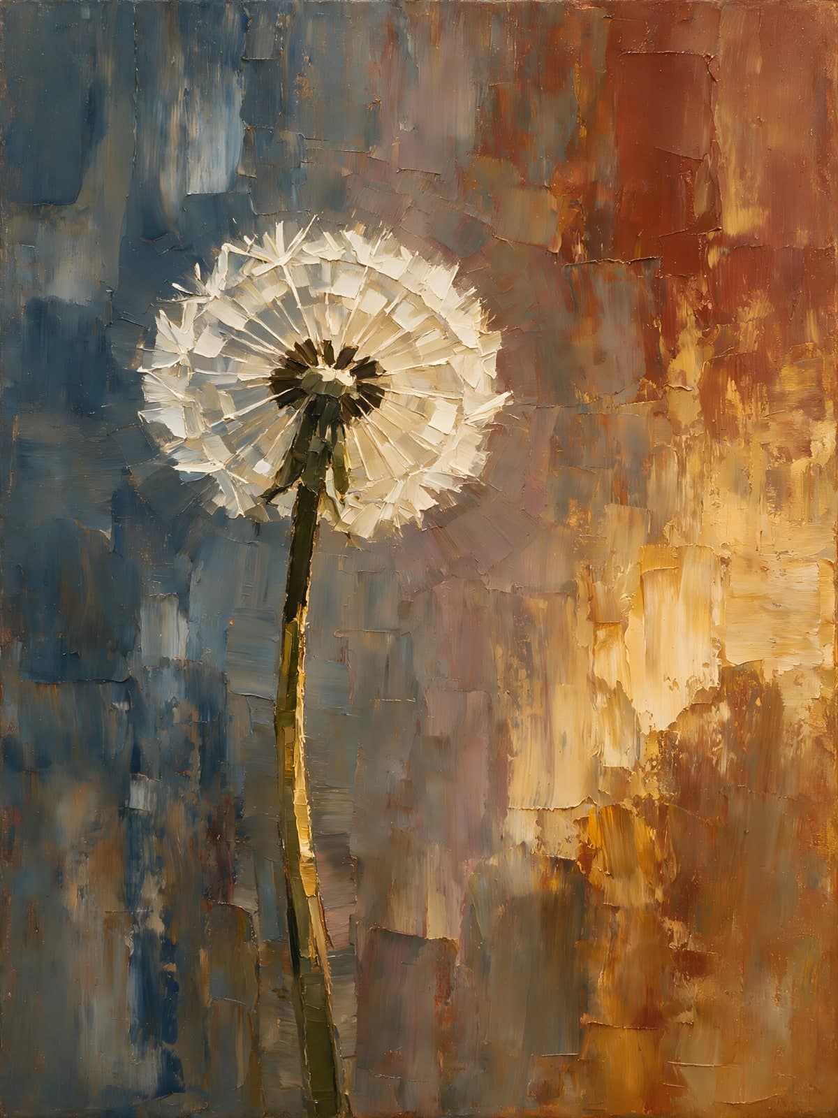 Witte paardenbloem tegen blauw en roest