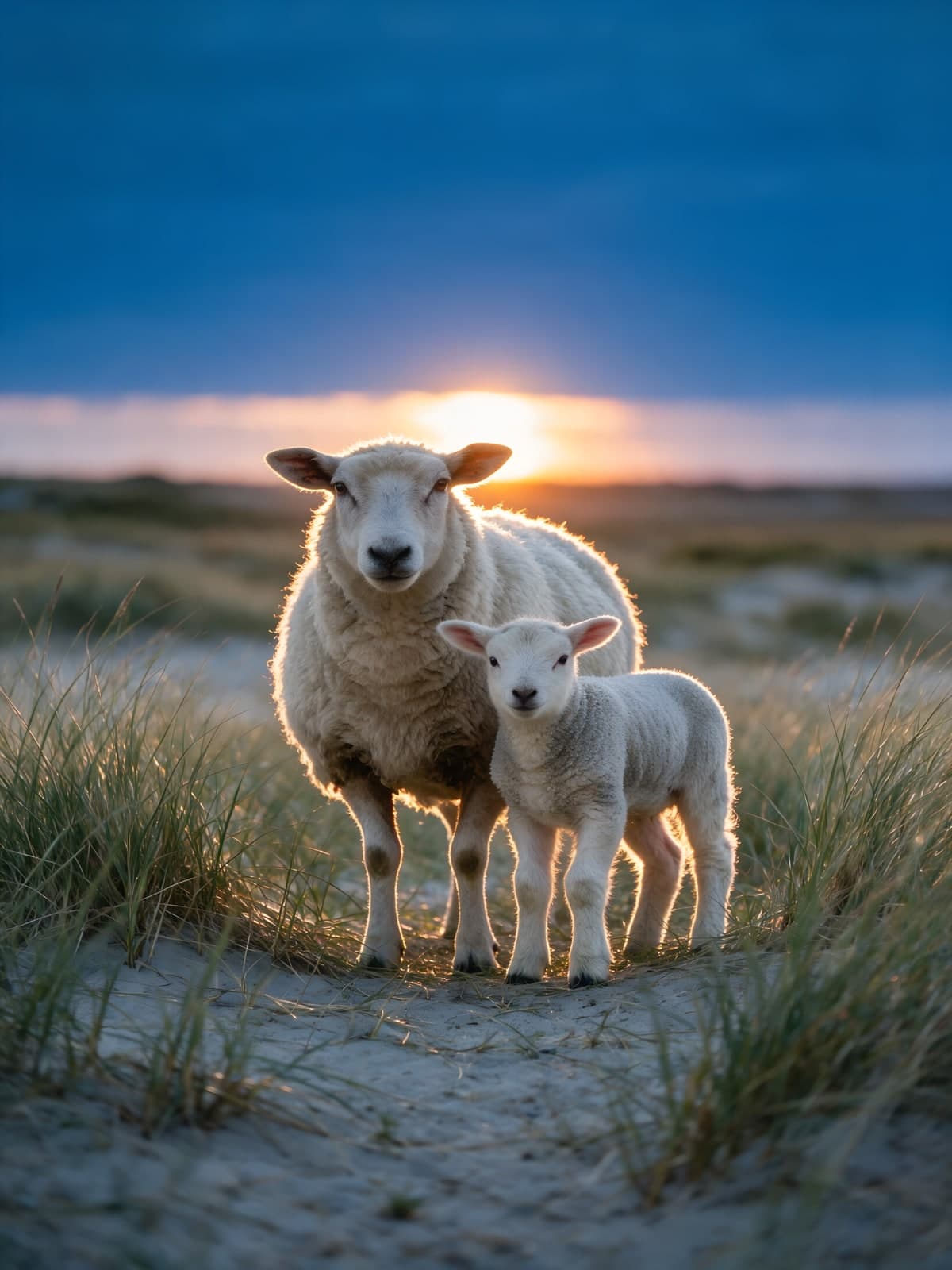 Schaap en lam op duin bij zonsondergang