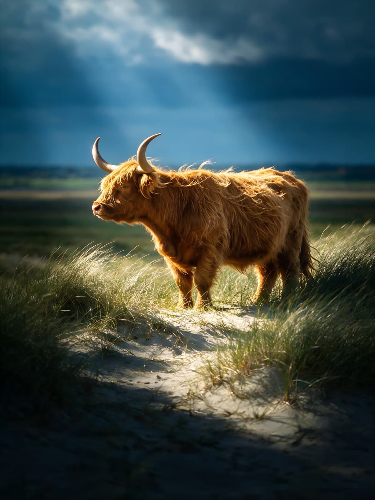 Hooglander op een duinpad onder lichtstralen