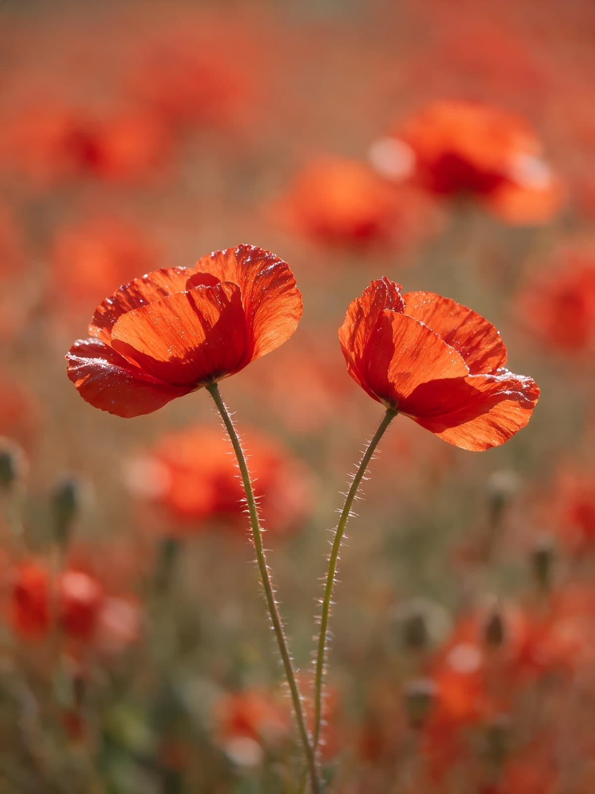 Twee oranjerode klaprozen in een veld