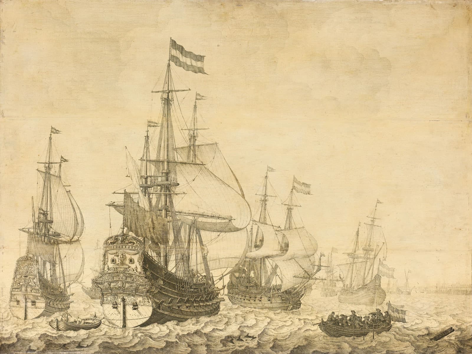 Zeegezicht met Nederlandse oorlogsschepen