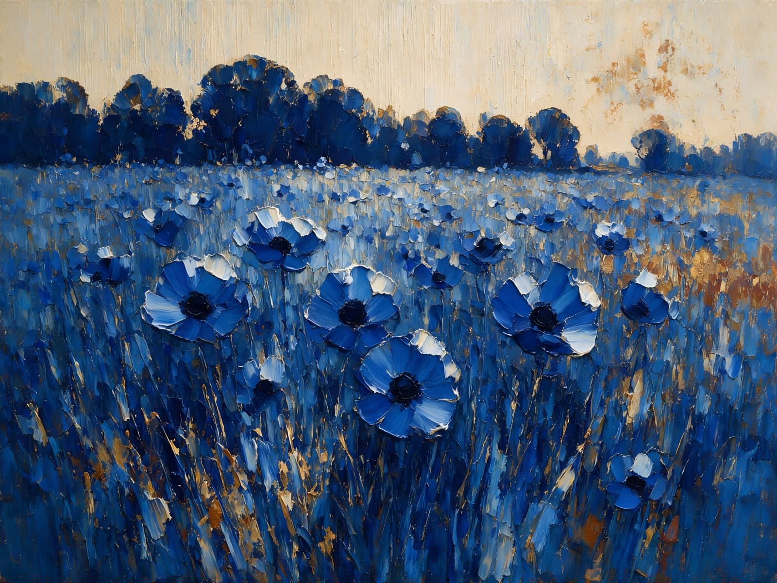 Veld met blauwe bloemen onder donkere bomen