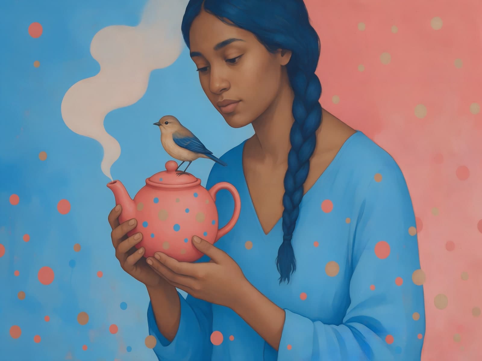 Vrouw met theepot en blauwe vogel