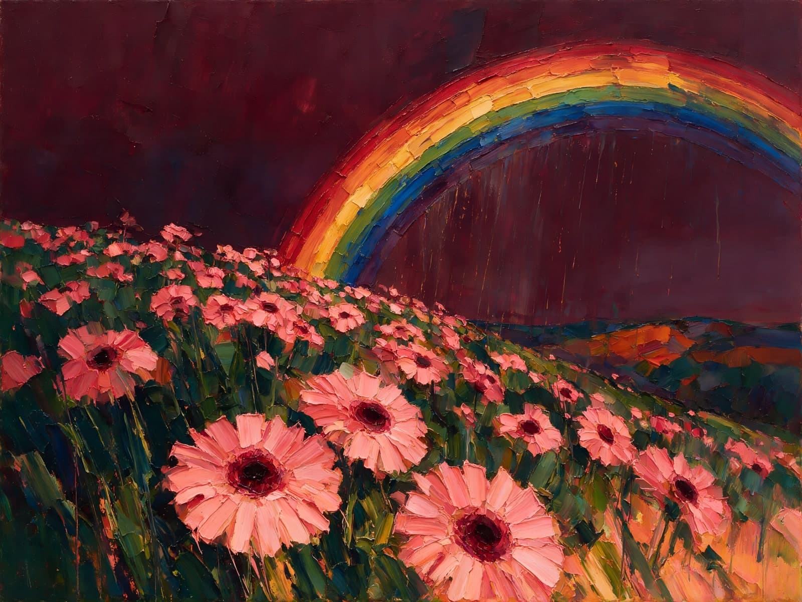Regenboog boven roze gerbera's op een heuvel