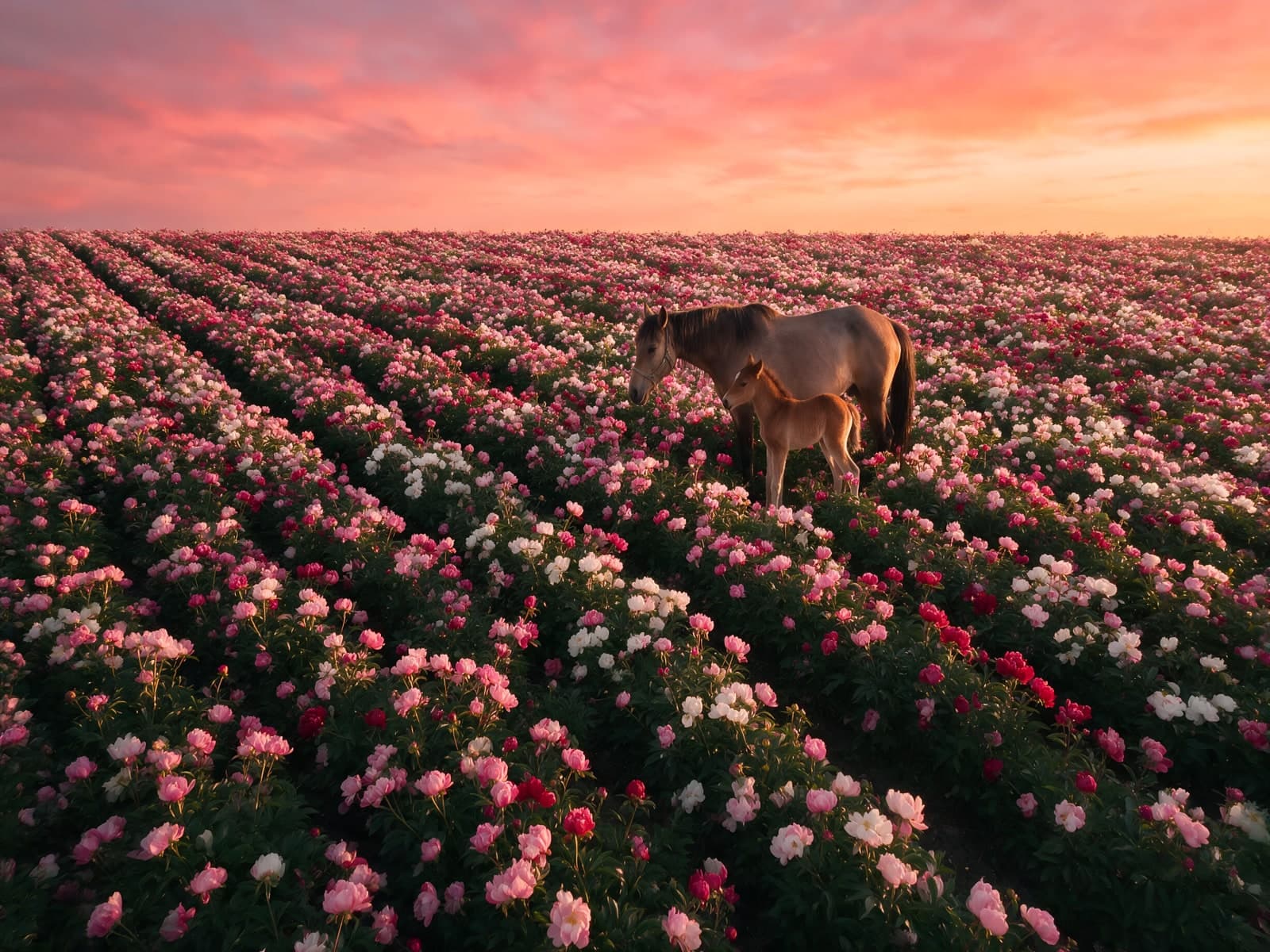 Merrie met veulen tussen roze bloemenrijen