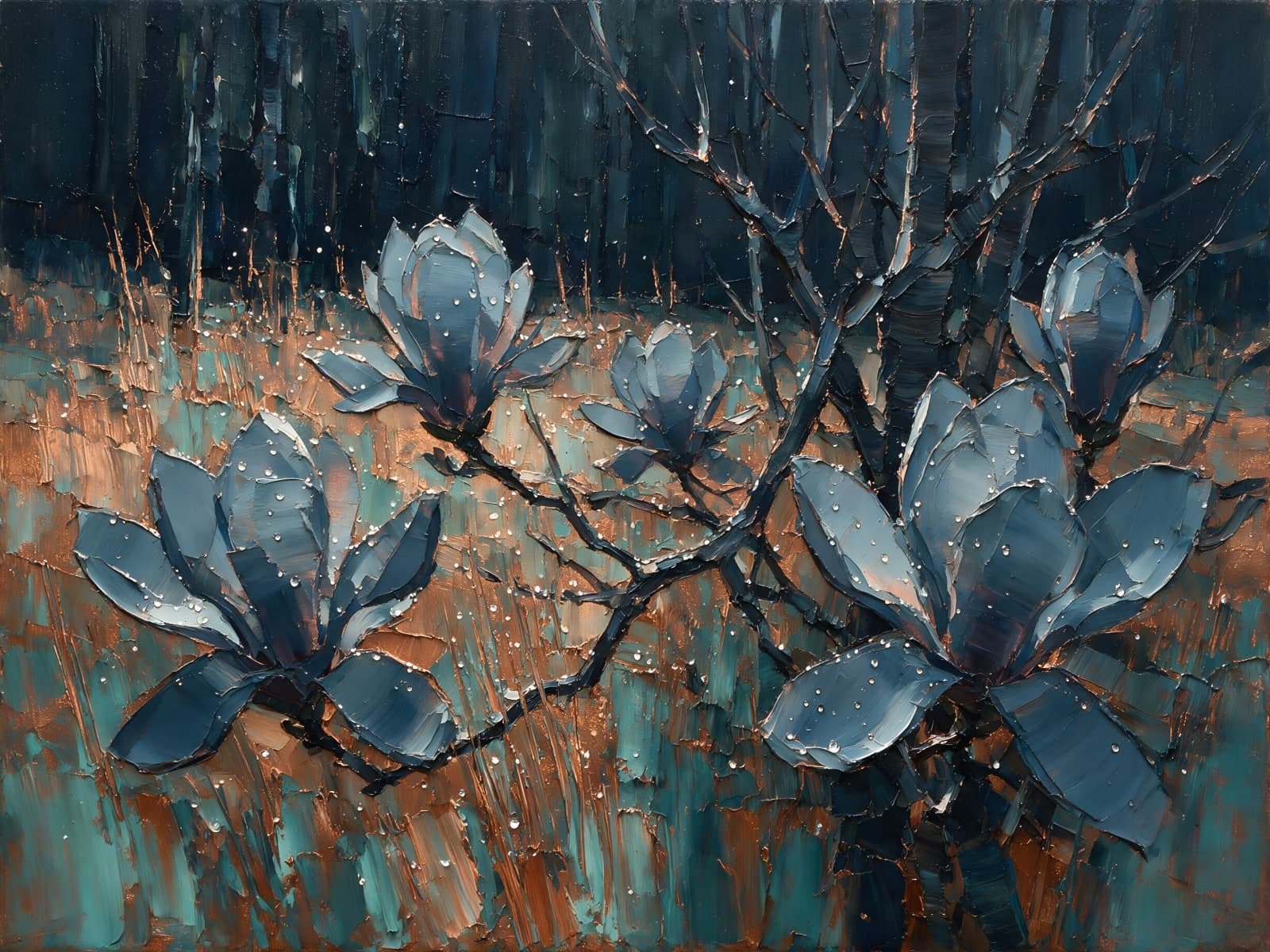 Blauwe magnolia's met regendruppels op de takken