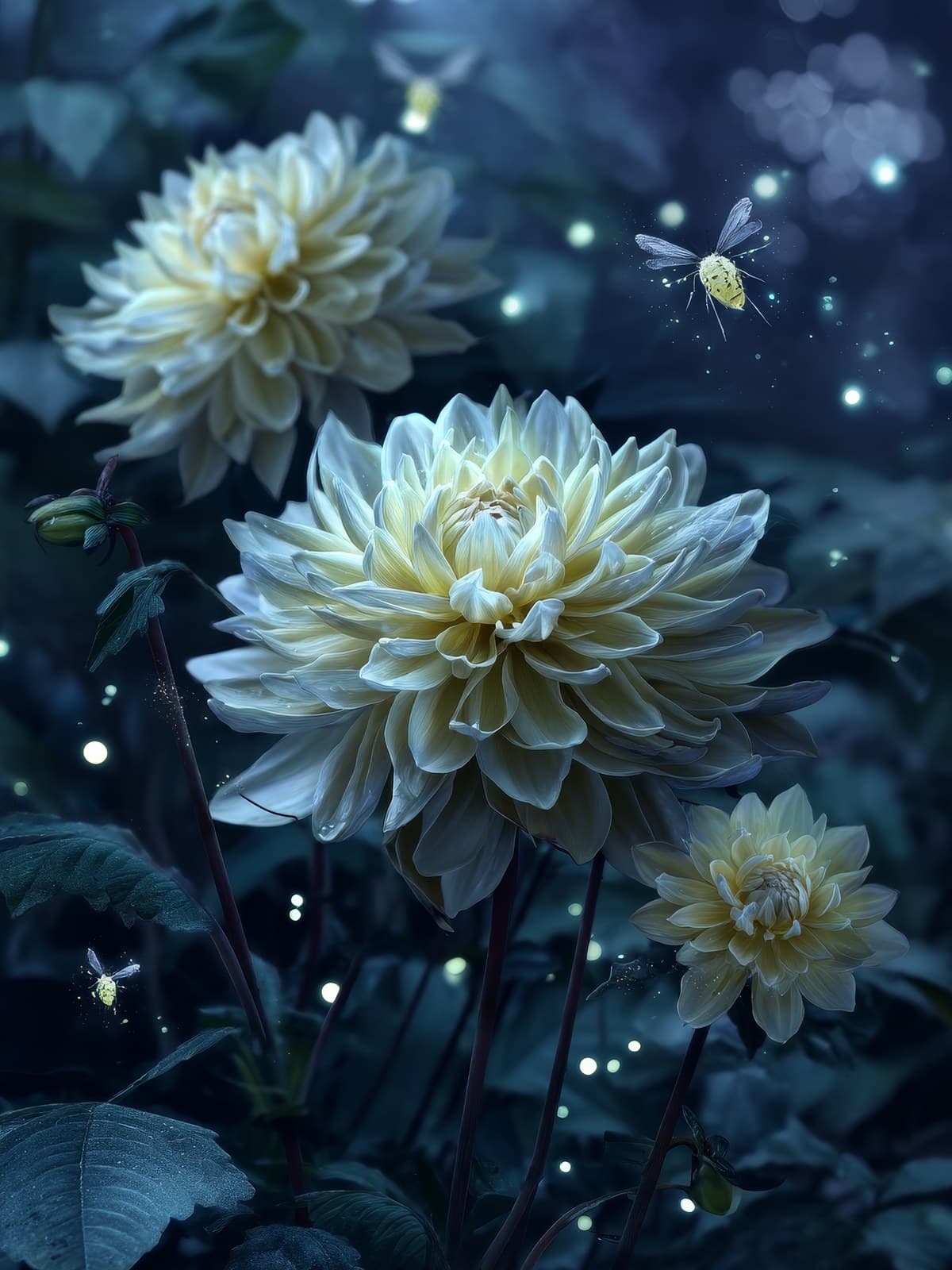Crèmewitte dahlia bij nacht met een bij