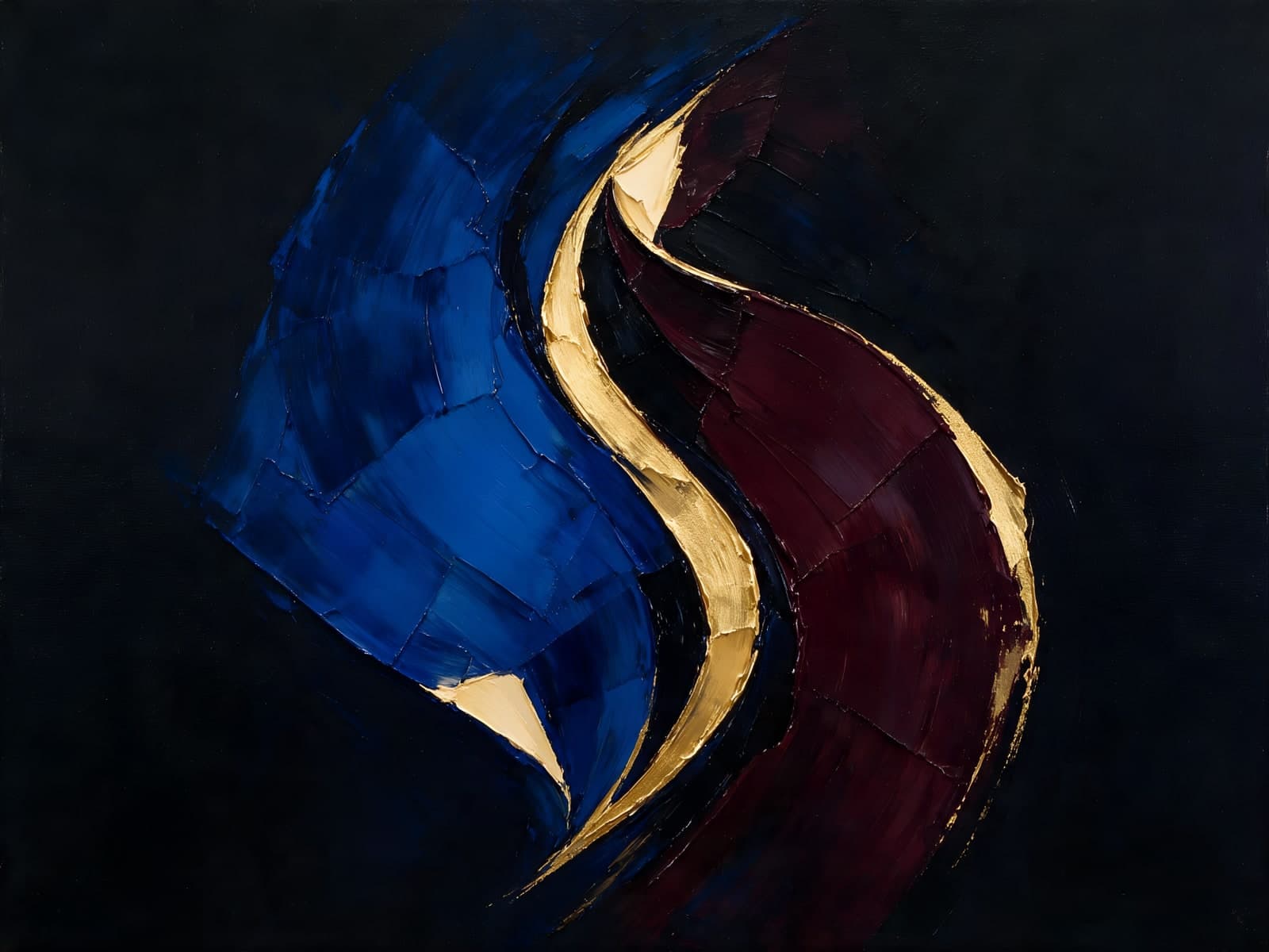 Gebogen banen in blauw, bordeaux en goud