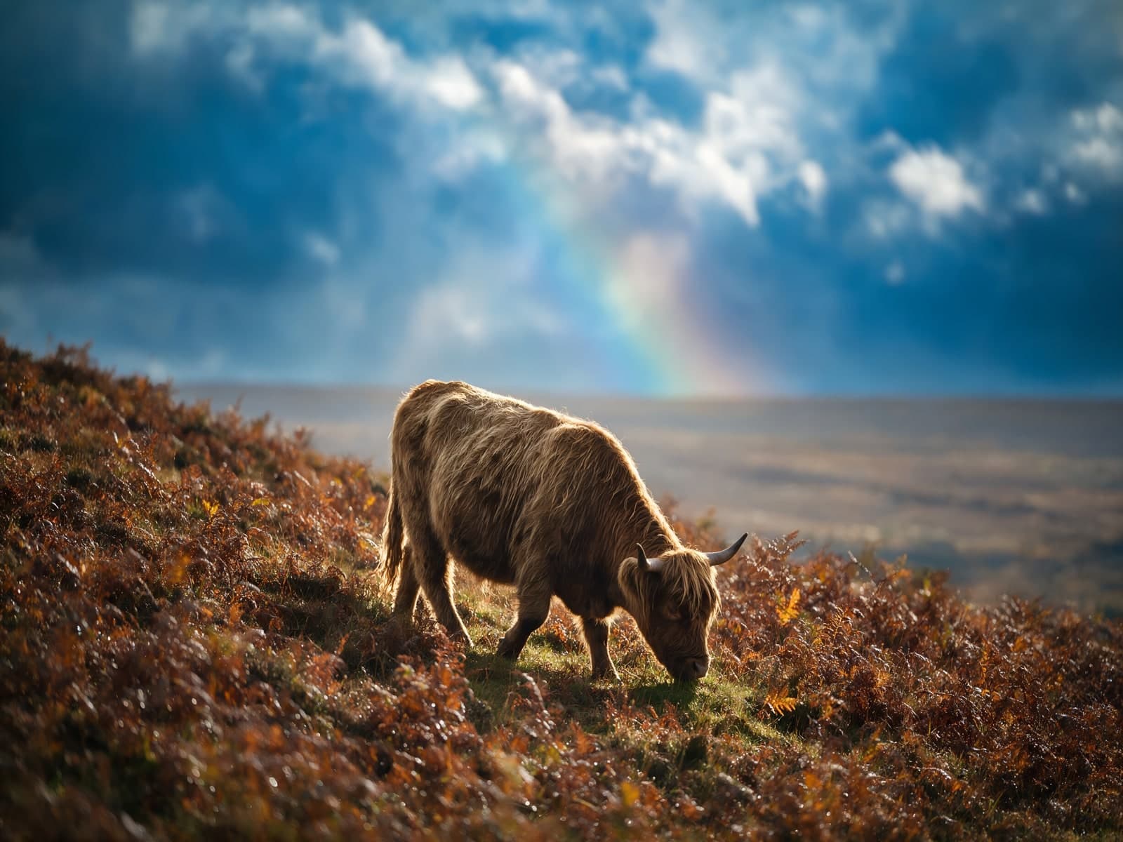 Schotse hooglander op heuvel onder regenboog
