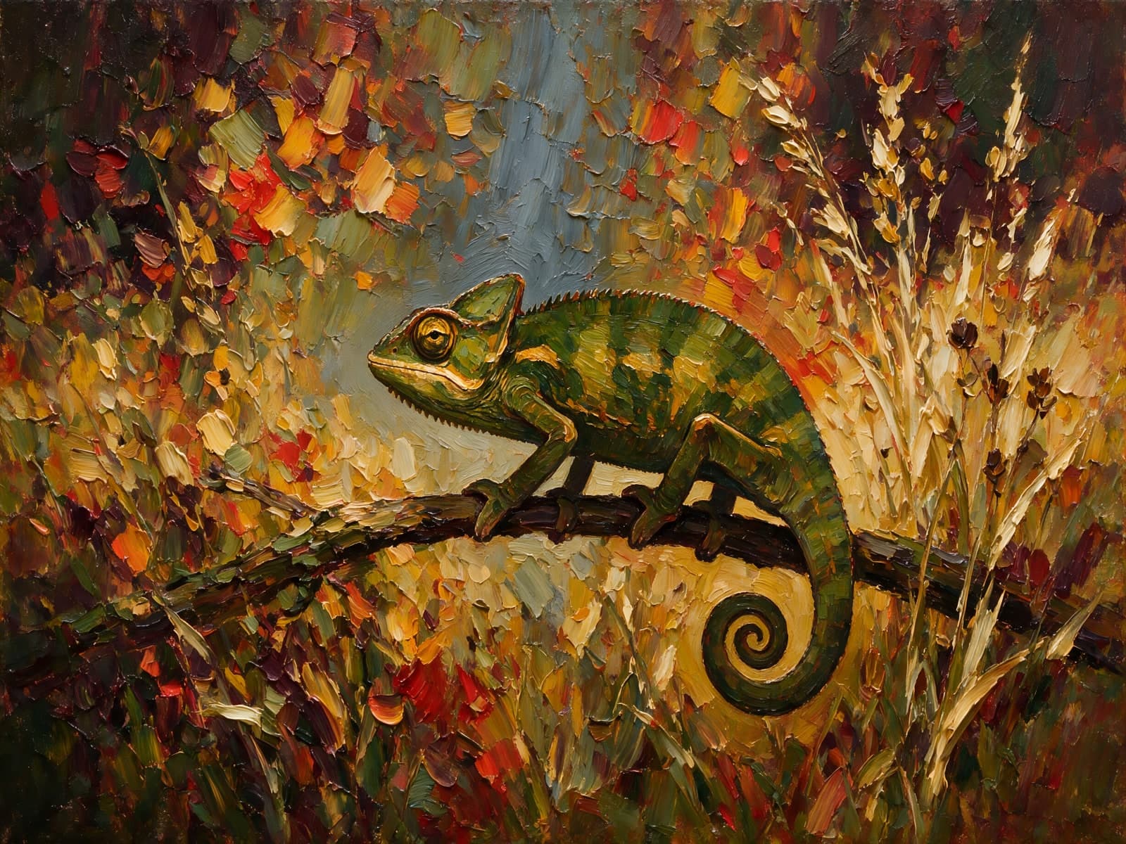 Groene kameleon tussen roodoranje bladeren en grashalmen
