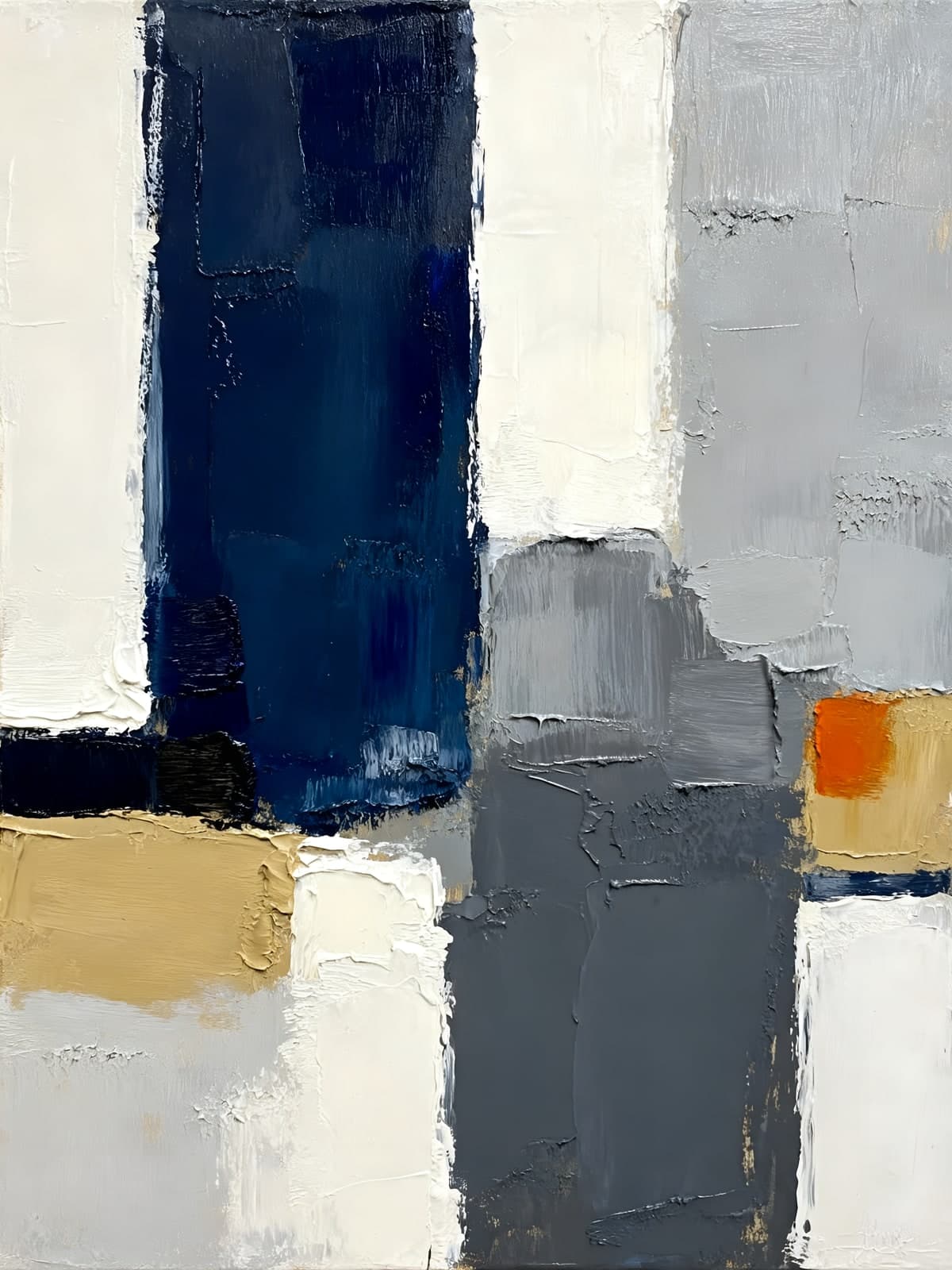 Marineblauwe en grijze vlakken met oranje accent