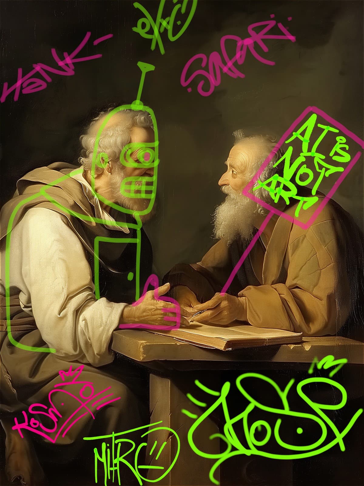 Twee oude mannen met groene robot