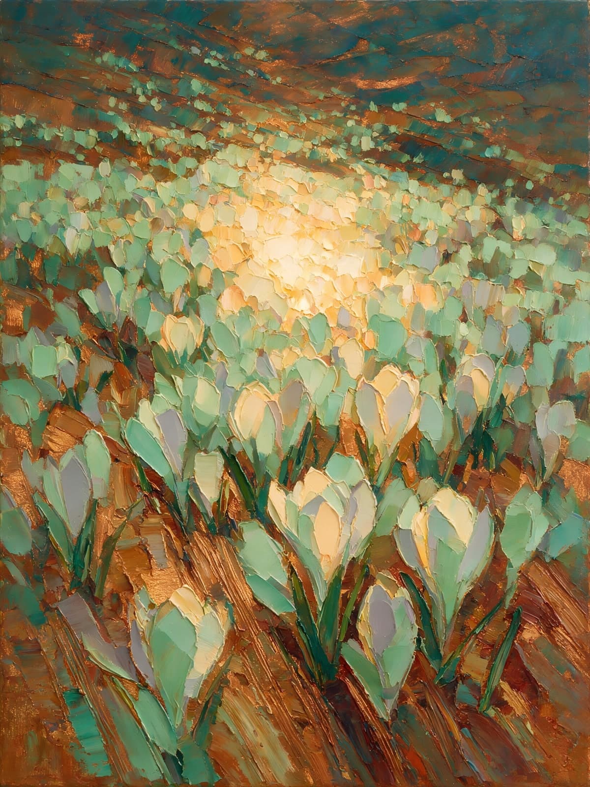 Veld met krokussen in gouden licht