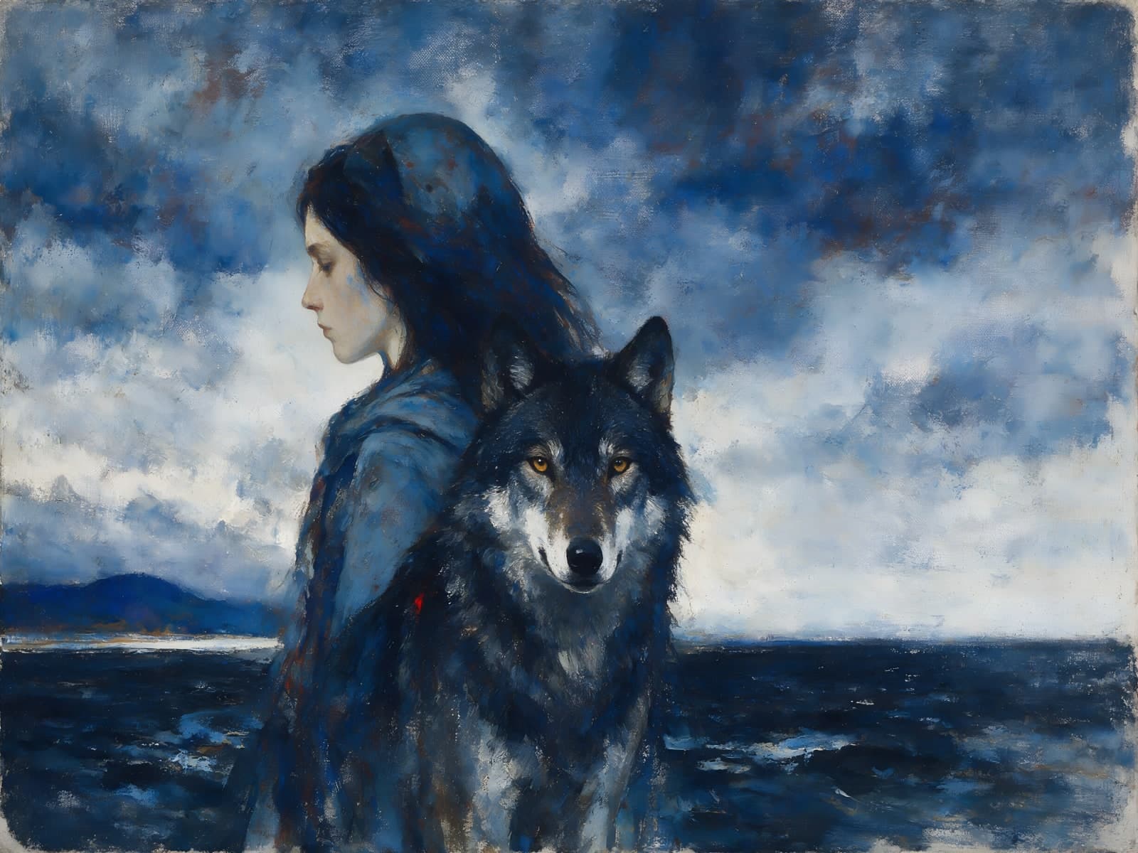 Vrouw met wolf onder bewolkte blauwe lucht