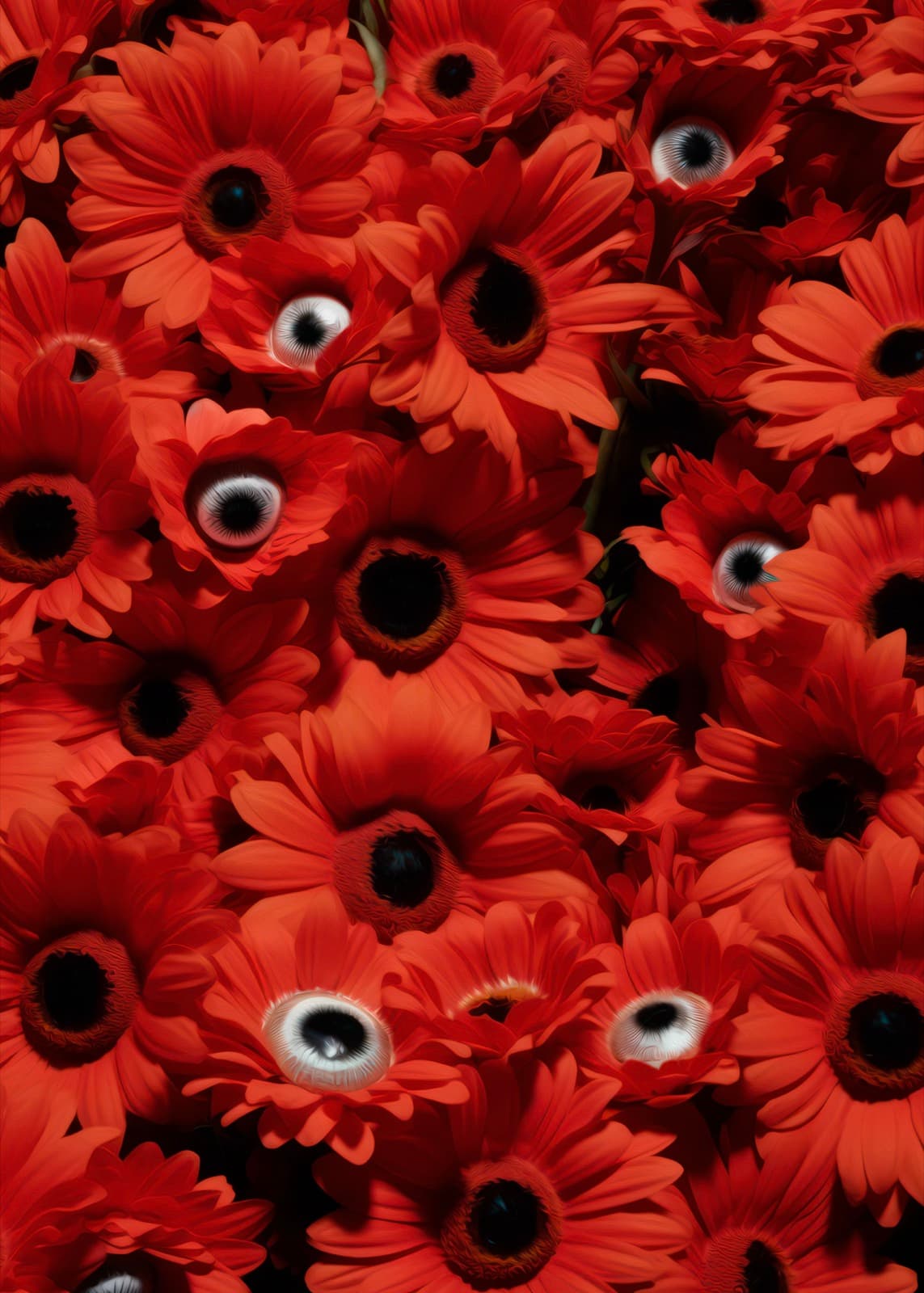 Rode bloemen met oogjes in het hart
