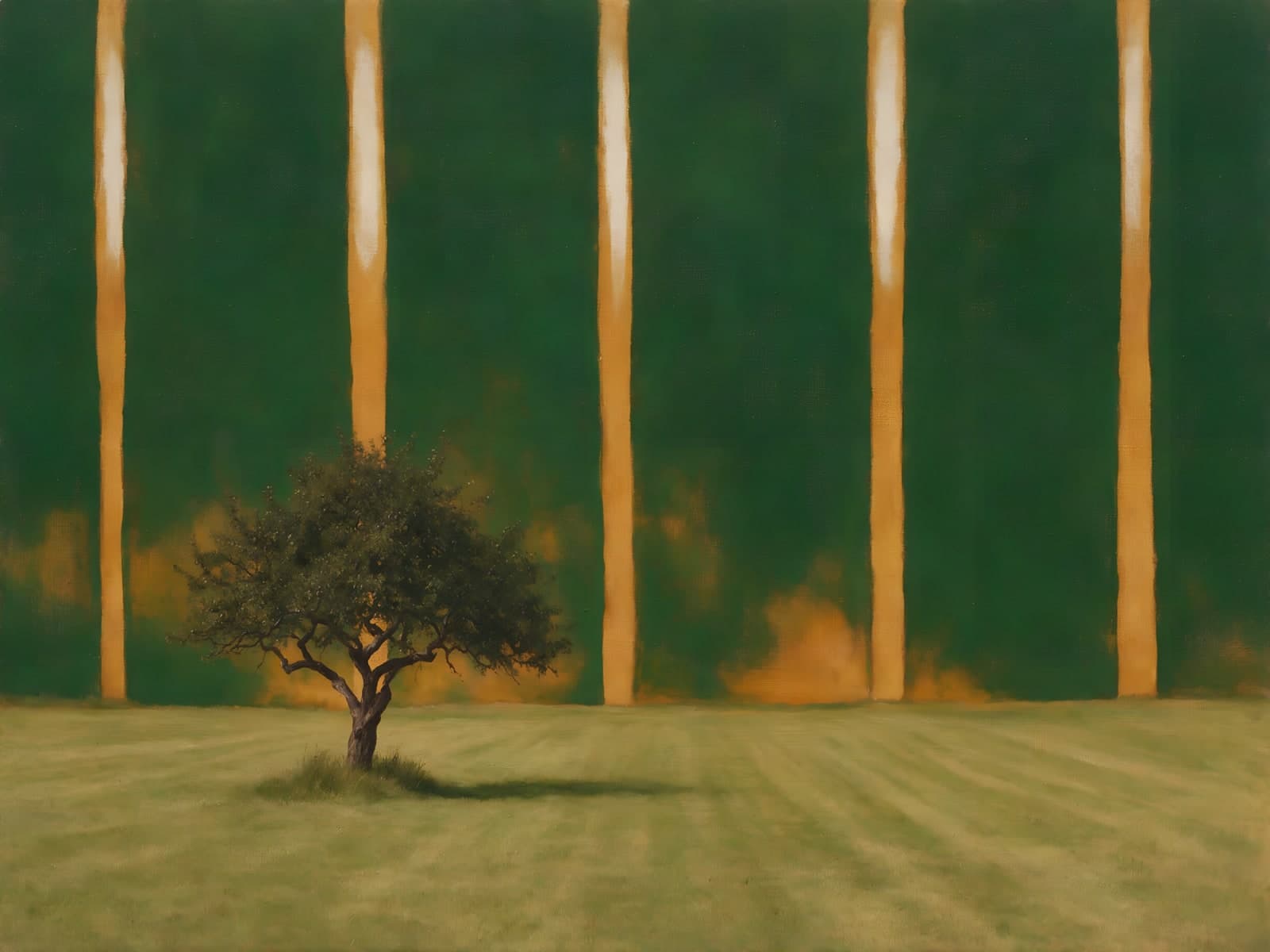 Eenzame boom voor een groene wand