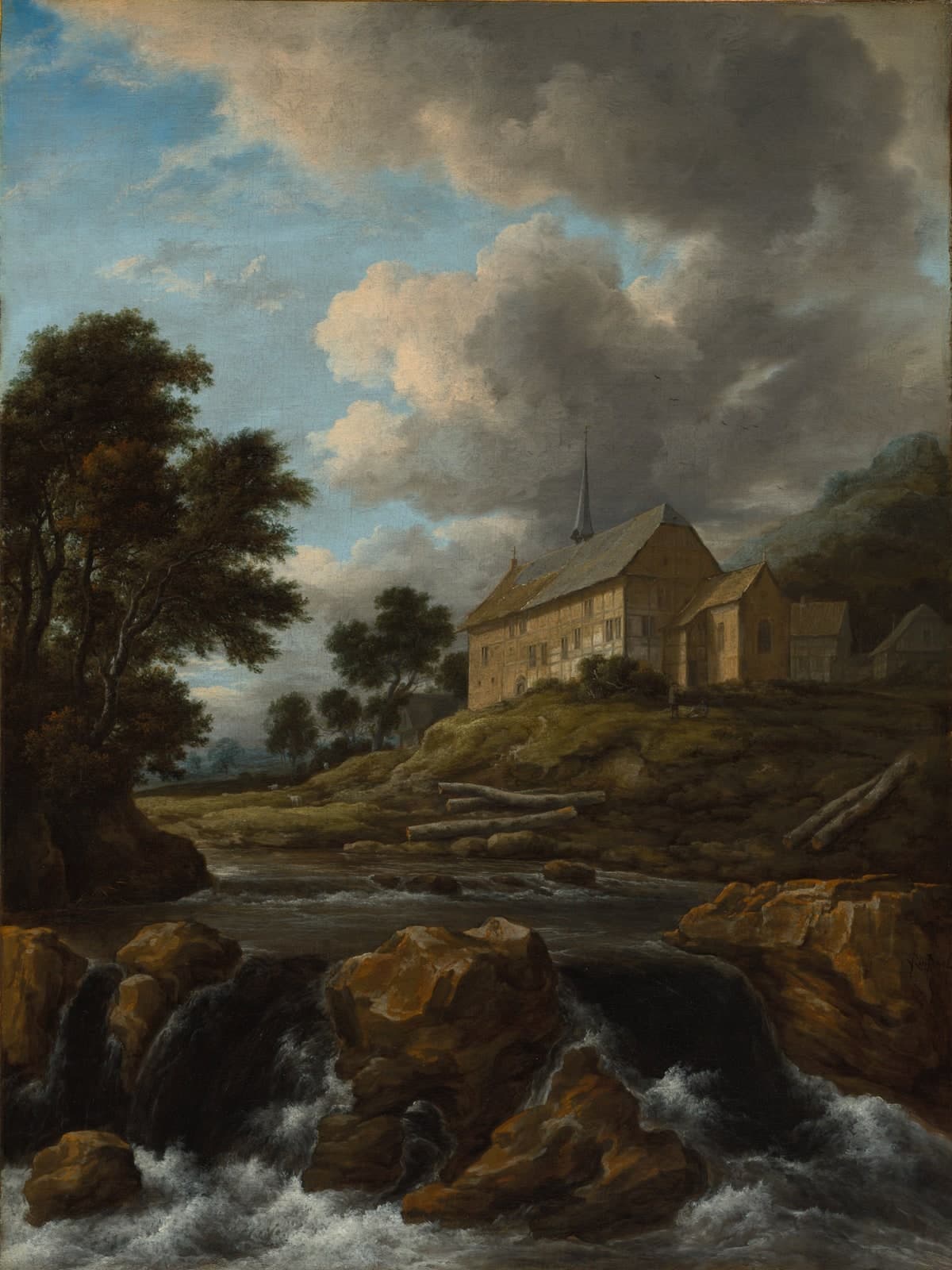 Landschap met een kerk bij een bergstroom