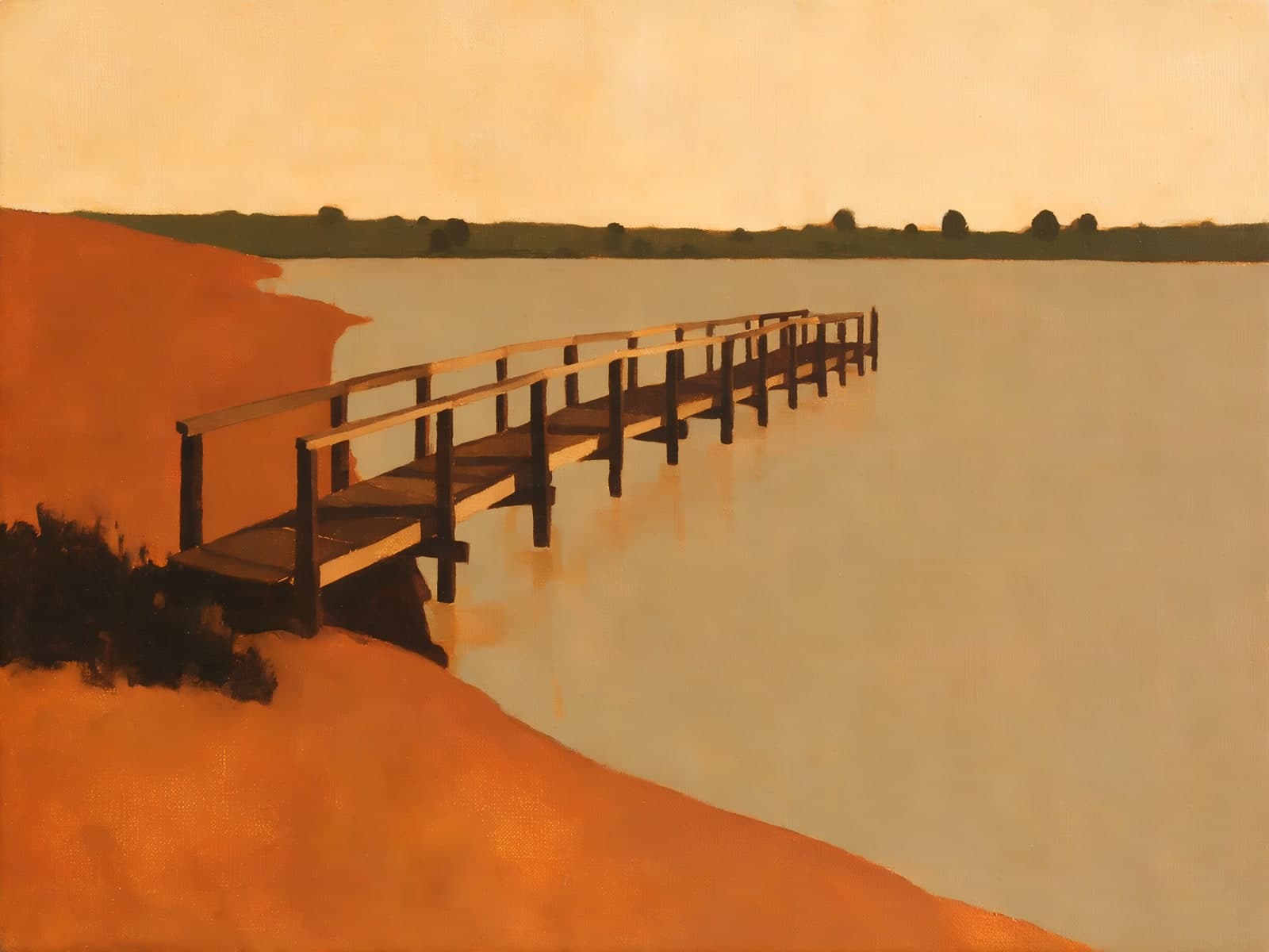 Houten steiger langs oranje oever en water