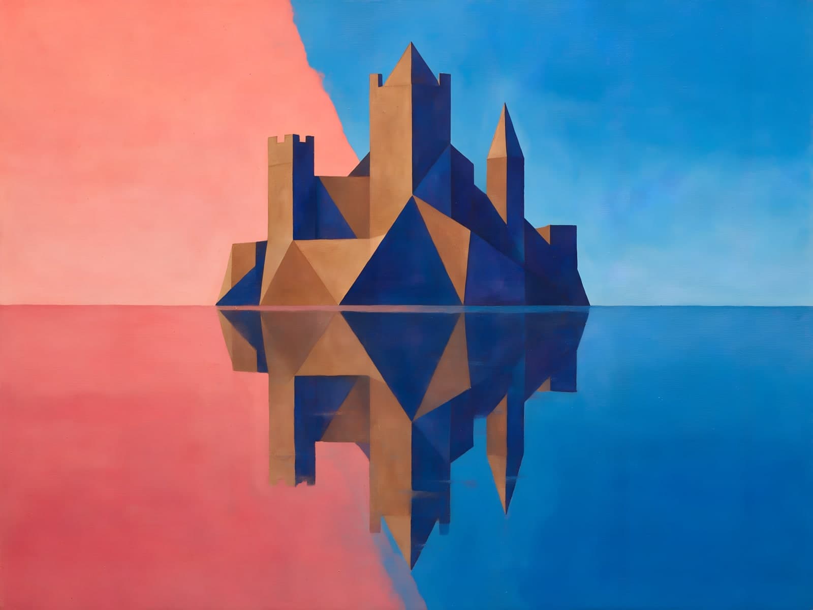 Gespiegeld kasteel tussen roze en blauwe vlakken
