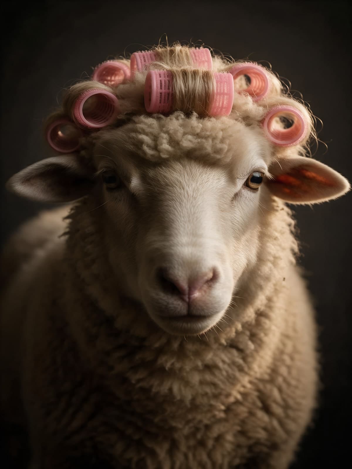 Schaap met roze krulspelden in de wol