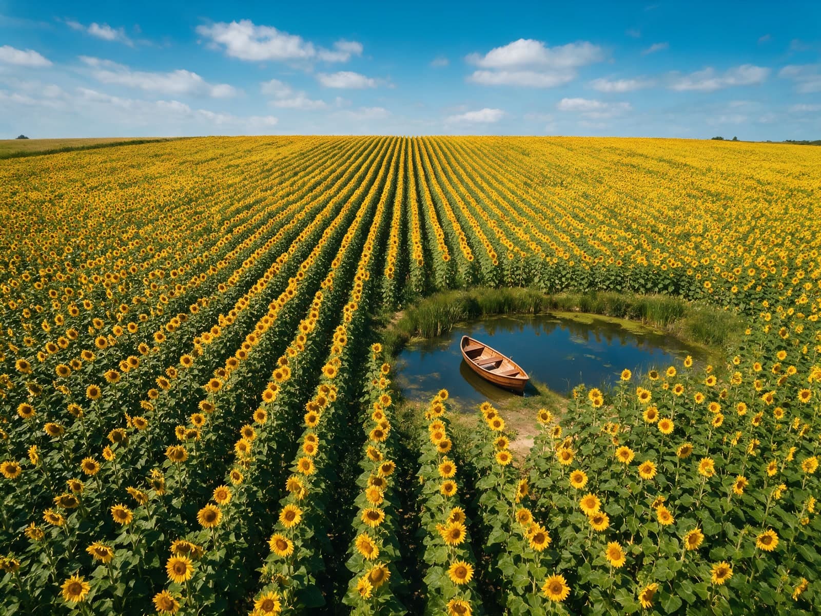 Zonnebloemenveld met een roeiboot in een vijver