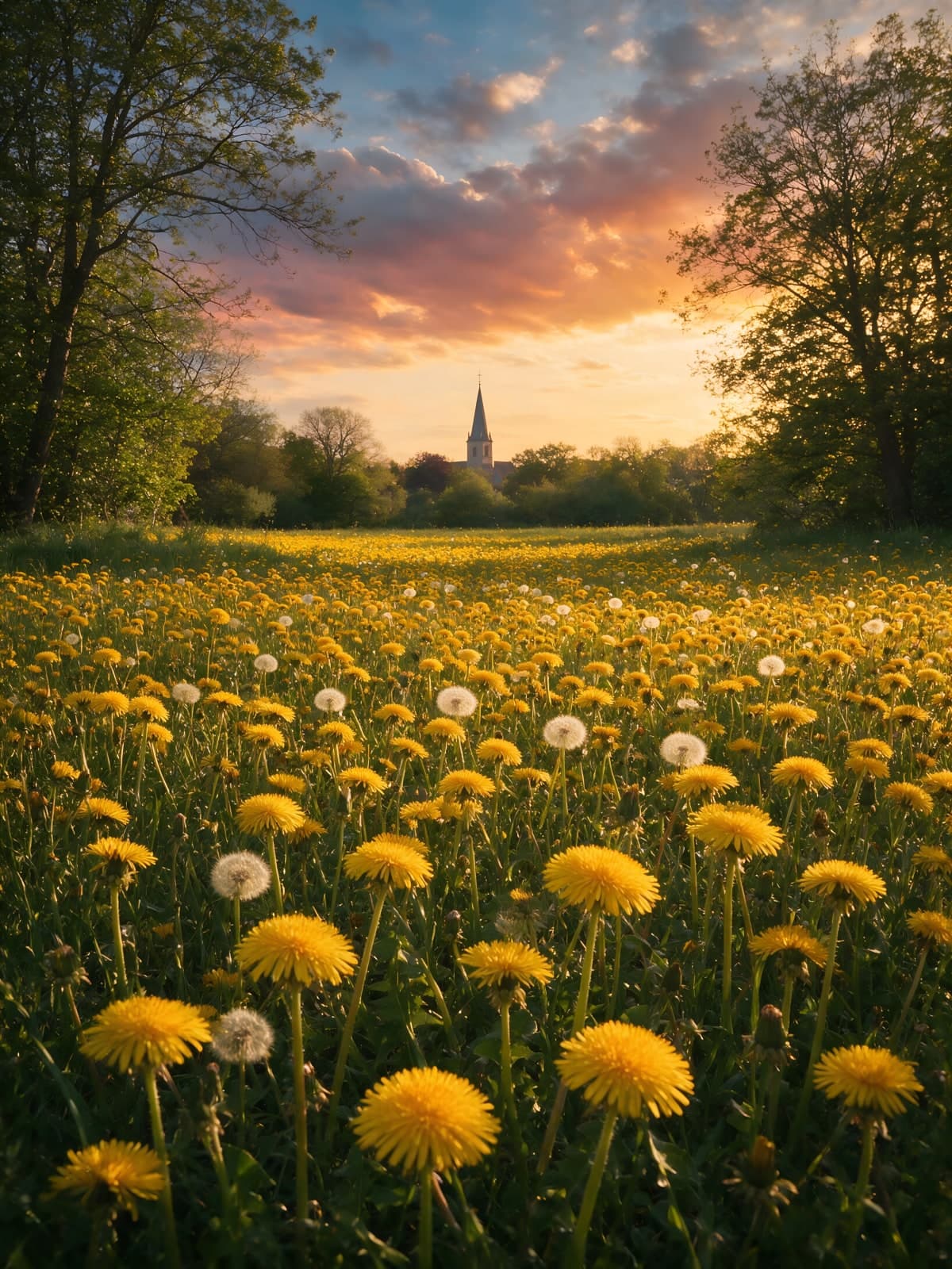 Paardenbloemen en een kerktoren bij zonsondergang