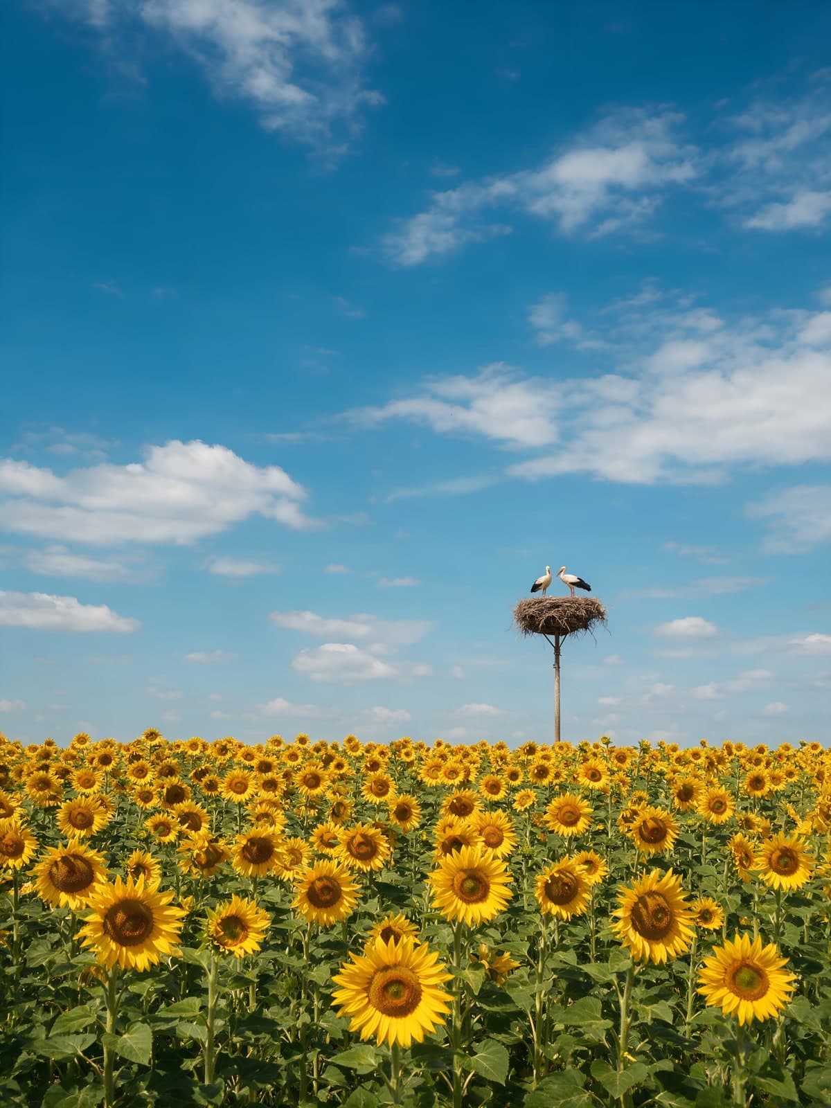 Zonnebloemenveld met ooievaarsnest onder blauwe lucht