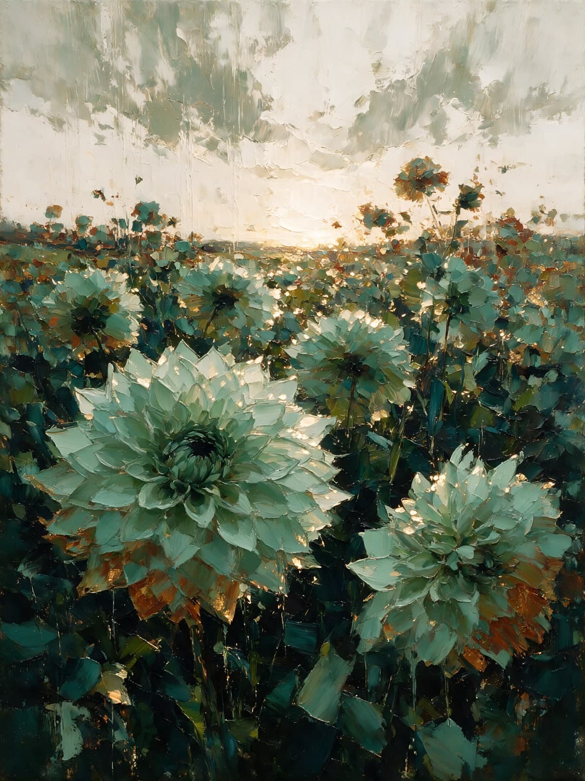 Groene dahlia's in veld bij ondergaande zon