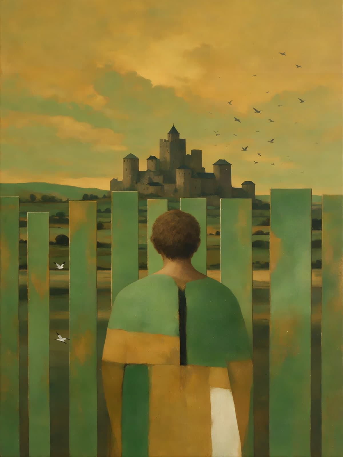 Man in groene mantel voor kasteel