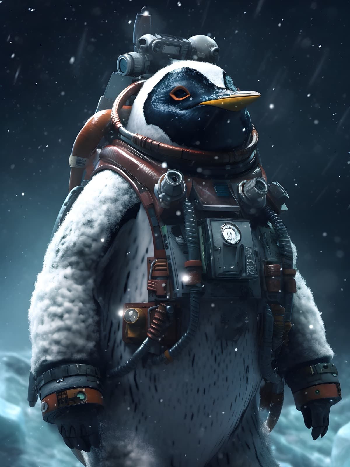 Pinguïn in ruimtepak op een ijzige vlakte