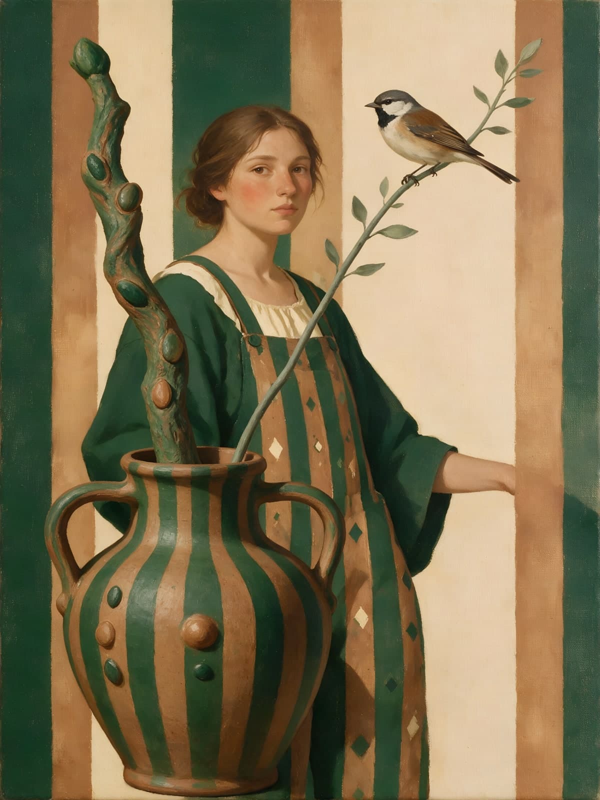 Vrouw met vogel op tak bij vaas